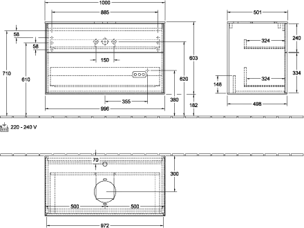 Villeroy & Boch Waschtischunterschrank „Finion“ für Schrankwaschtisch 100 × 60,3 × 50,1 cm 2 Schubladen, für Waschtischposition mittig, inkl. Beleuchtung mittig