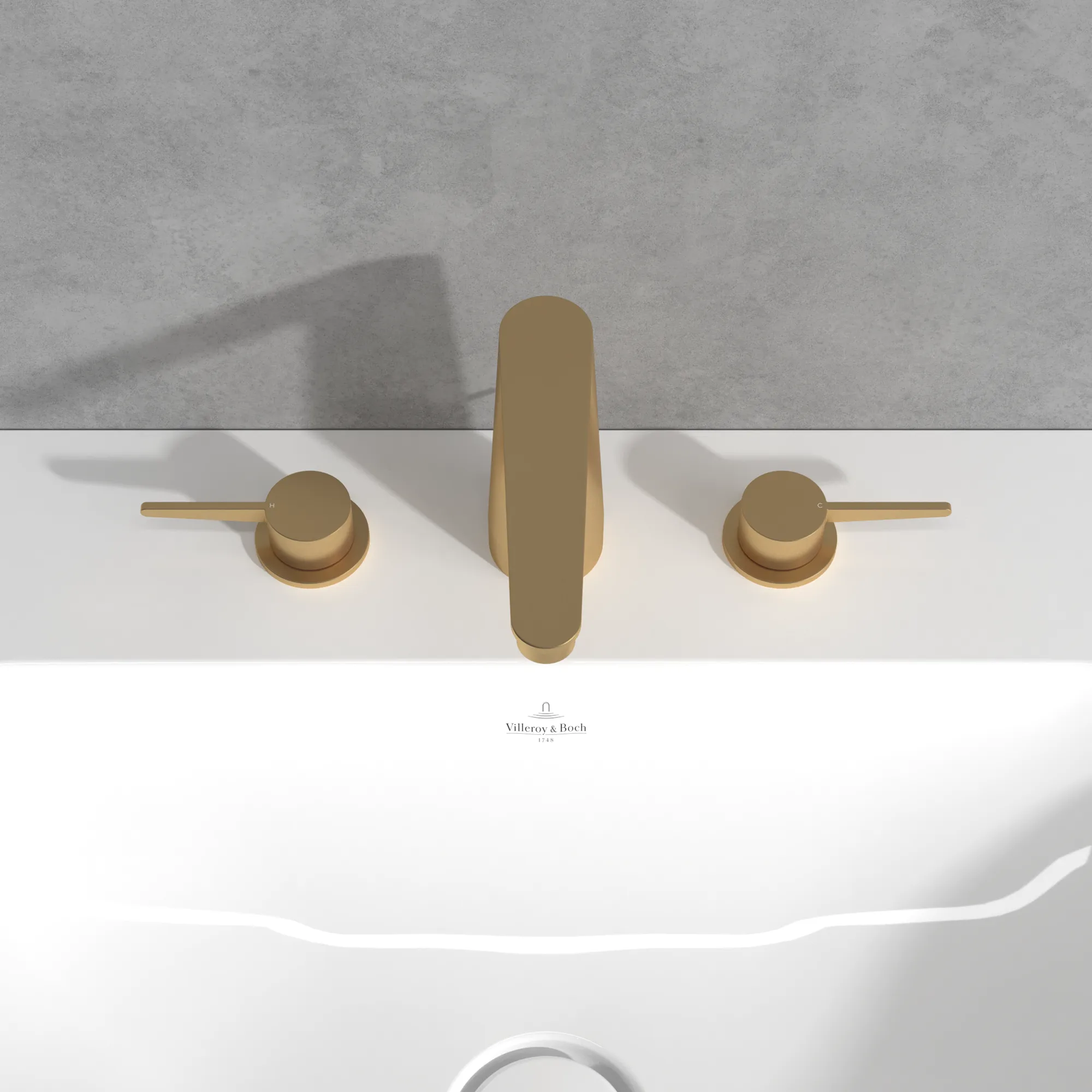 Villeroy & Boch Conum Dreiloch-Waschtischarmatur, Brushed Gold, 440x165x144mm, Keramikkartusche, Laminarstrahl, SmartPressure