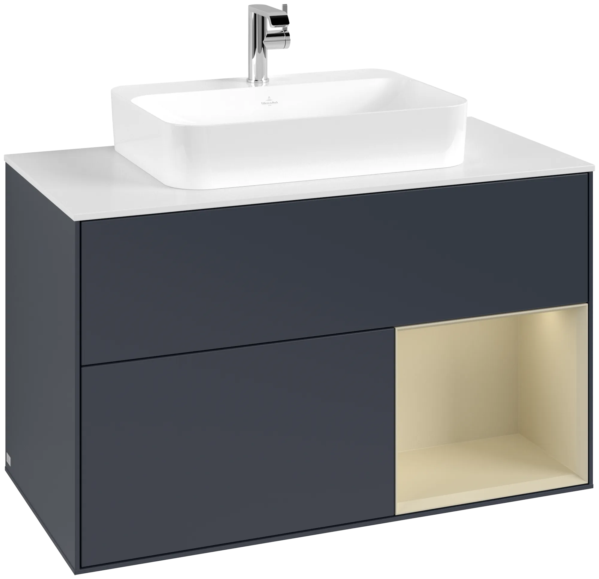 Villeroy & Boch Finion Waschbeckenunterschrank F37, 1000 x 603 x 501 mm, Midnight Blue Matt Lacquer / Silk Grey Matt Lacquer / Glass White Matt