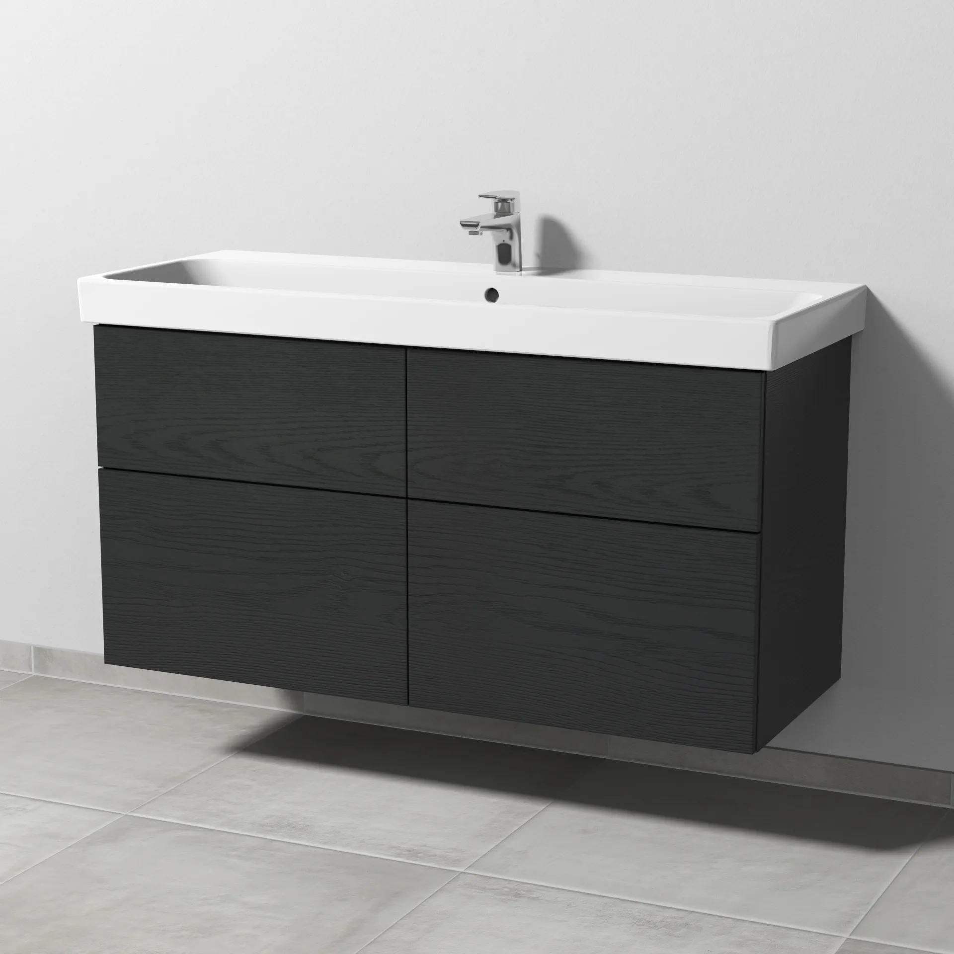 Sanipa Waschtischunterschrank „3way“ 1150 × 588 × 453 mm in Black Oak, mit Hahnlochbohrung, Becken mittig