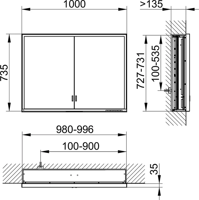 Royal Lumos 14314172301 Spiegelschrank Royal Lumos Wandeinbau, lange Türen 1000 × 735 × 165 mm silber-eloxiert
