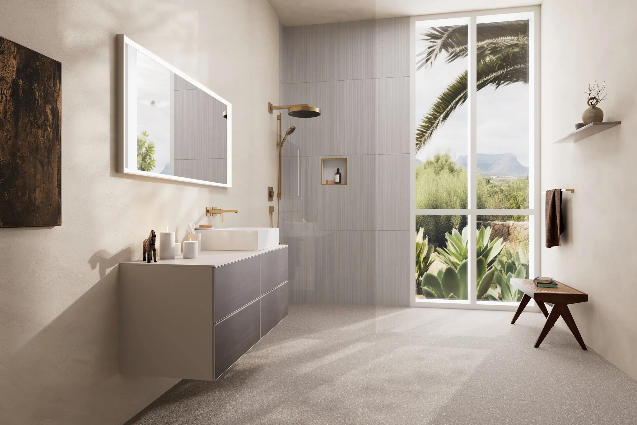 Xevolos E Waschtischunterschrank Sandbeige Matt 1370/550 mit 4 Schubkästen für Konsolen mit Aufsatzwaschtisch geschliffen rechts Bronze Struktur Xevolos E Waschtischunterschrank Sandbeige Matt 1370/550 mit 4 Schubkästen für Konsolen mit Aufsatzwaschtisch geschliffen rechts Bronze Struktur