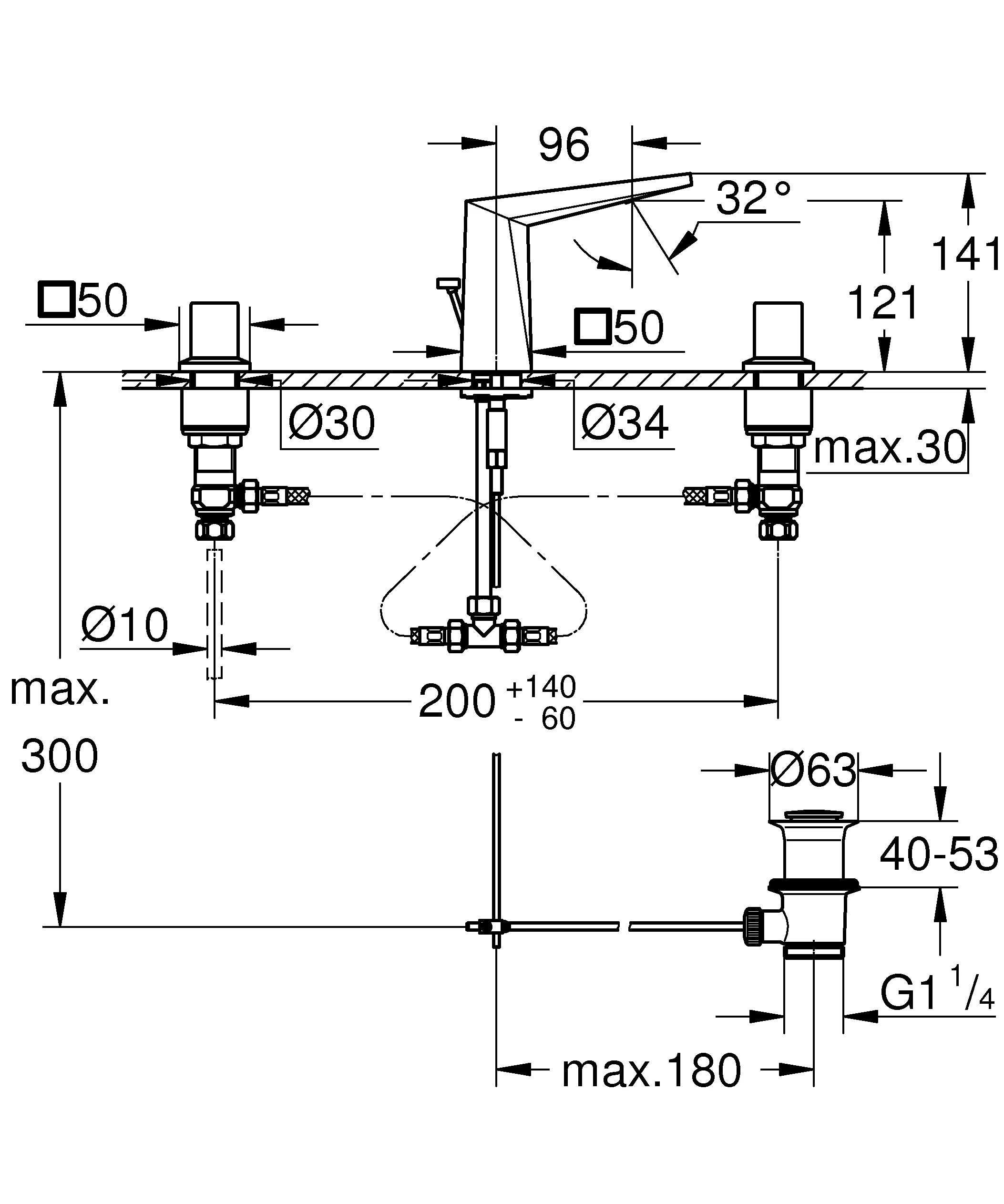 3-Loch-Waschtischbatterie Allure Brilliant 20626, Zugstangen-Ablaufgarnitur 1 1/4'', chrom