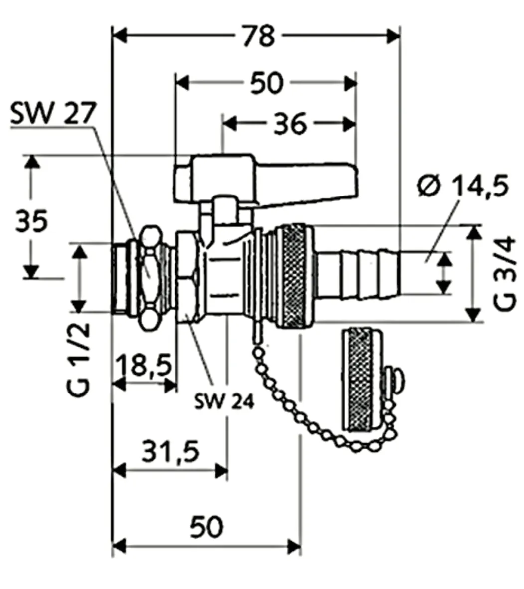 F + E-Kugelhahn mit Hebelgriff, Hebelgriff, Max. Betriebsdruck: 16 bar, DN 15 G 1/2 AG mit ASAG, Schlauchverschraubung Ø 14,5 mm (DN 20 G 3/4 AG), Messing