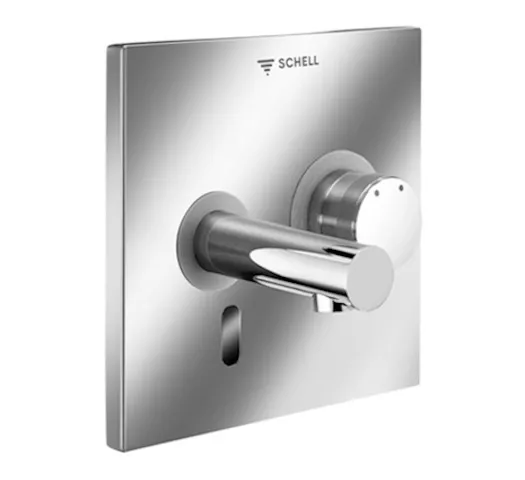 Unterputz-Waschtisch-Armatur LINUS W-E-M, Mischwasser, Infrarot, Unterputznetzteil 9 VDC, 100 - 240 VAC, 50 - 60 Hz, Wandauslauf mit Strahlregler (diebstahlsicher), Auslauf 170 mm, Frontplatte chrom