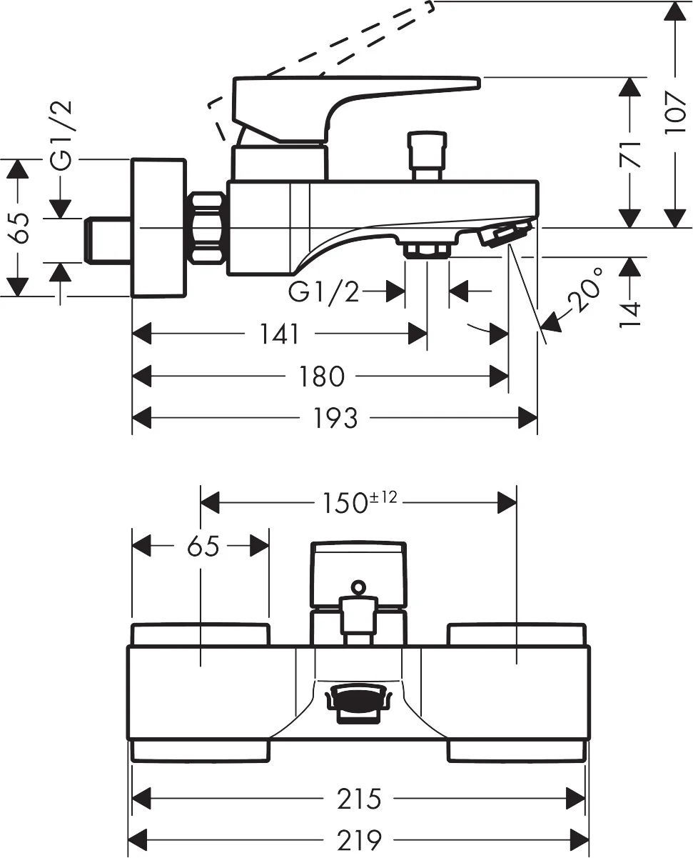 Hansgrohe Metropol Einhebel-Wannenmischer Aufputz mattschwarz, Ausladung 180 mm, Stichmaß 150 ± 12 mm, Normalstrahl, max. Durchfluss 22 l/min