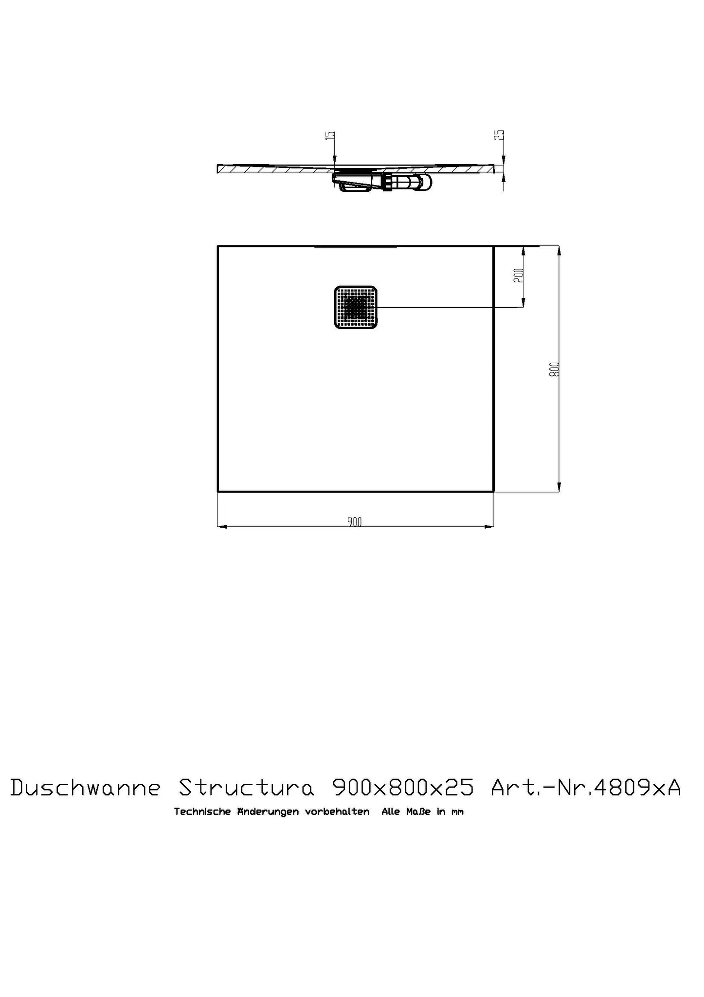 Duschwanne Structura 900x800x25 in gesoftete Schieferoptik, mit Antirutsch B, Material Solique, Weiß