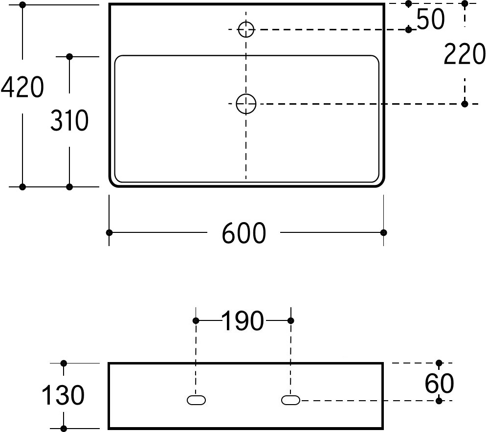 Aufsatzwaschtisch AqvaCeramica "SlimRim" - 600 × 420 mm - Höhe 130 mm - 1 Hahnloch - Überlauf - weiß
