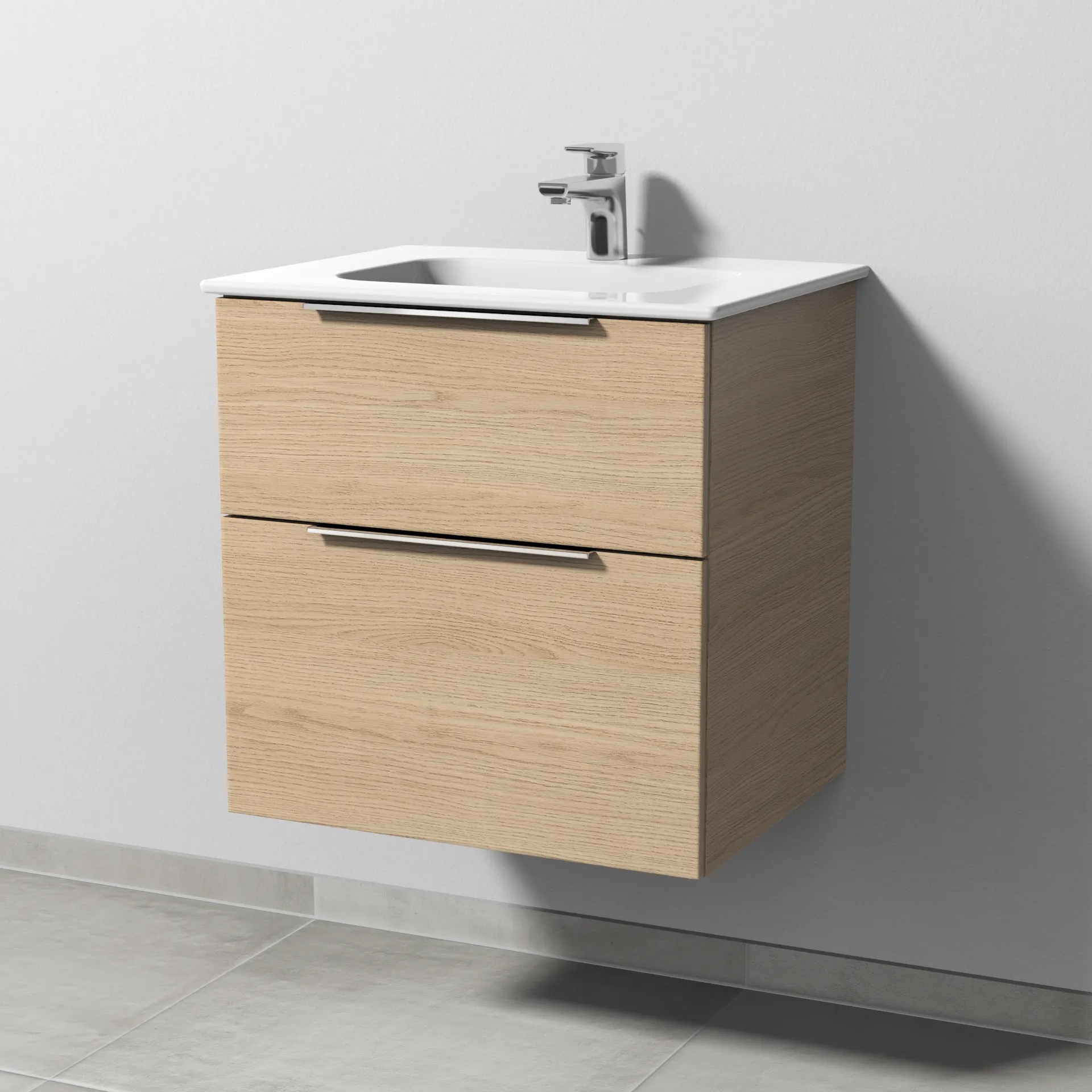 Keramik-Waschtisch-Set mit Waschtischunterschrank „3way“ 57 × 46 × 58,2 cm in Eiche Nordic, mit Hahnlochbohrung, Becken mittig Keramik-Waschtisch-Set mit Waschtischunterschrank „3way“ 57 × 46 × 58,2 cm in Eiche Nordic, mit Hahnlochbohrung, Becken mittig