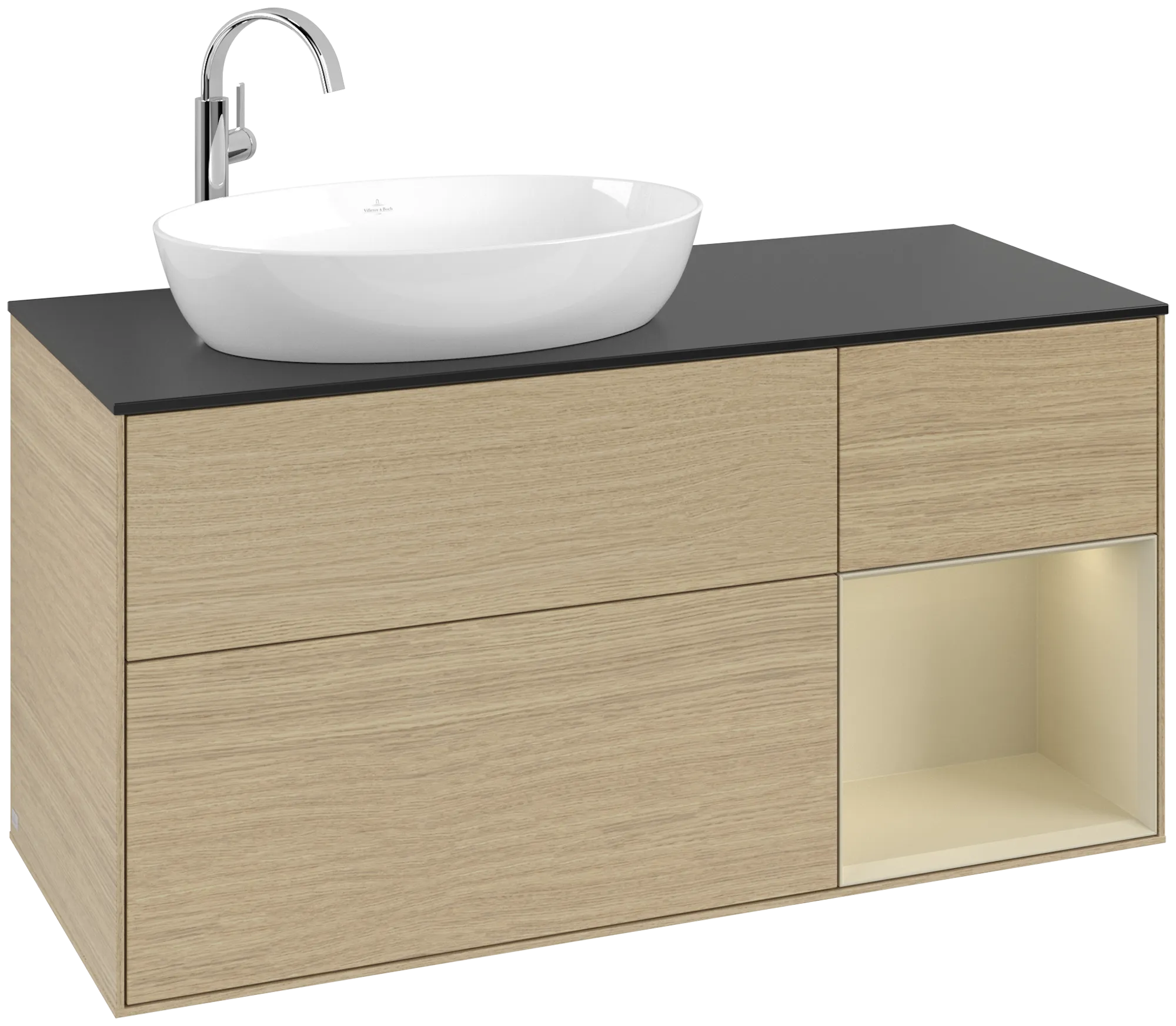 Villeroy & Boch Finion Waschbeckenunterschrank F93, 1200 x 603 x 501 mm, mit Beleuchtung, 3 Auszüge, links