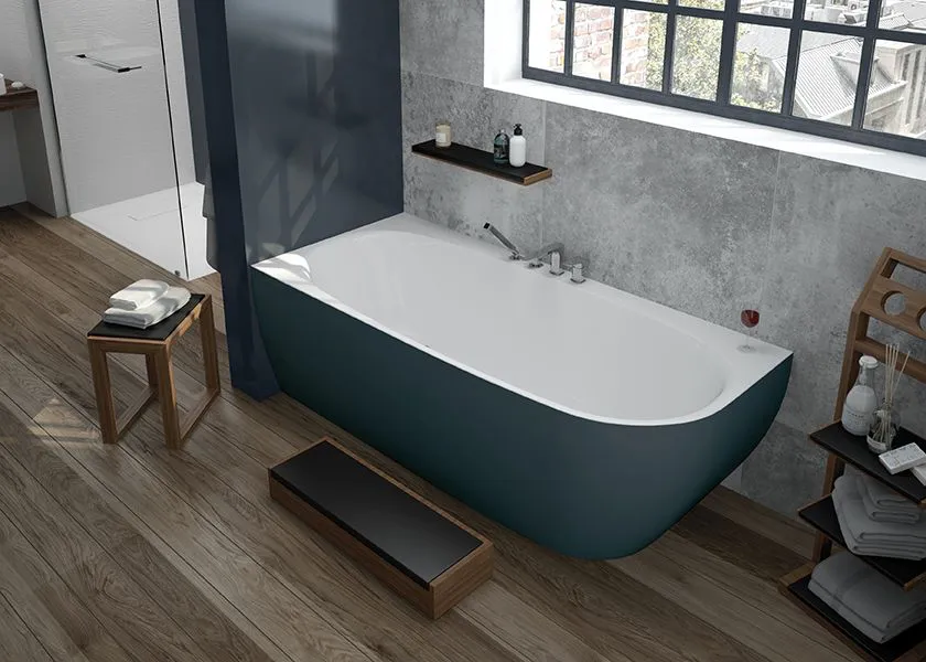 Hoesch iSensi Badewanne Eck 1600x750 Monolith links BiColor Weiß-Grau freistehend mit Überlaufschlitz und vormontiertem Untergestell Hoesch iSensi Badewanne Eck 1600x750 Monolith links BiColor Weiß-Grau freistehend mit Überlaufschlitz und vormontiertem Untergestell
