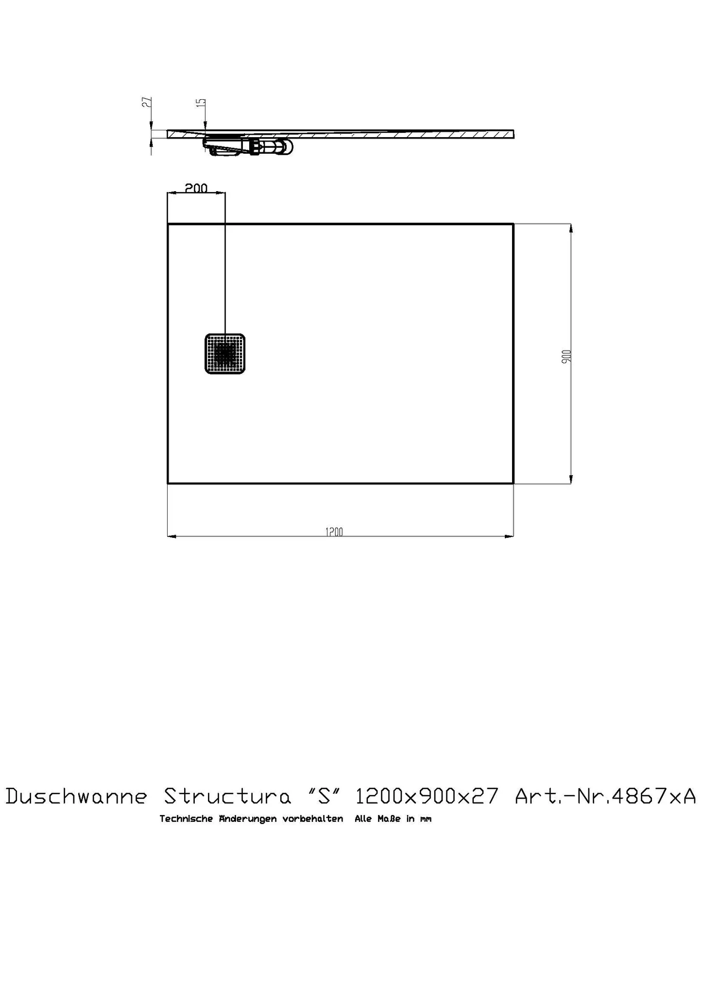 Duschwanne Structura ″S″ 1200x900x27 in gesoftete Schieferoptik, mit Antirutsch B, Material Solique, Weiß