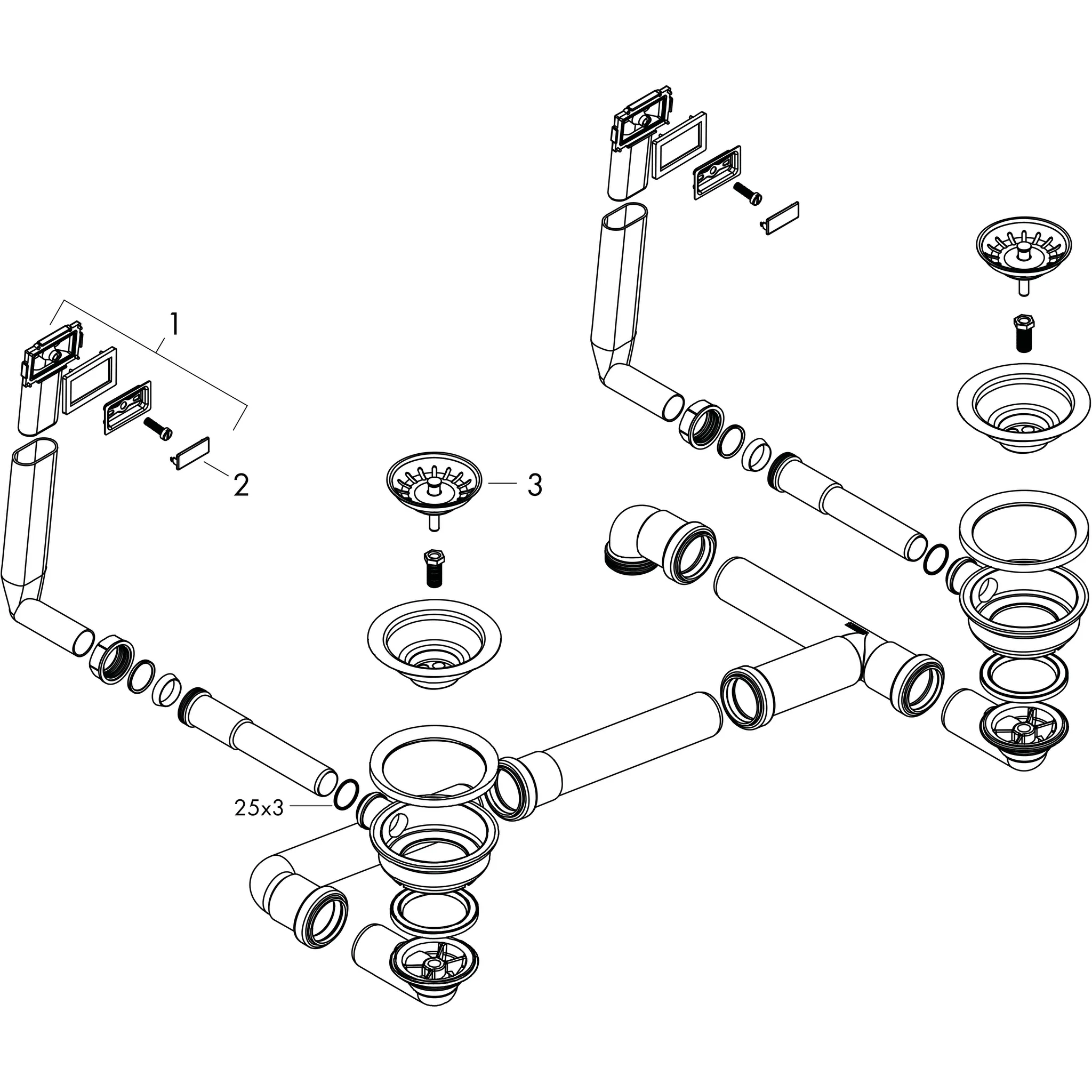 Hansgrohe D15-10 Manuelle Ab- und Überlaufgarnitur für Doppelbecken, Edelstahl Hansgrohe D15-10 Manuelle Ab- und Überlaufgarnitur für Doppelbecken, Edelstahl