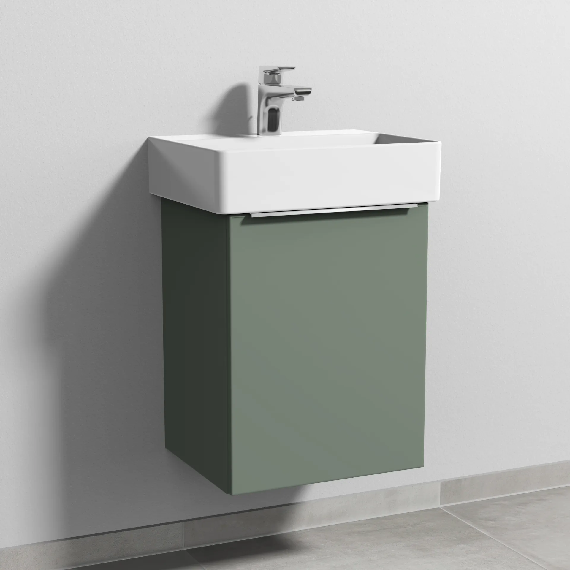 Sanipa Waschtischunterschrank „3way“ passend zu Keramik-Waschtische Dura Square von Duravit 400 × 517 × 337 mm in Soft-Green, Anschlag rechts