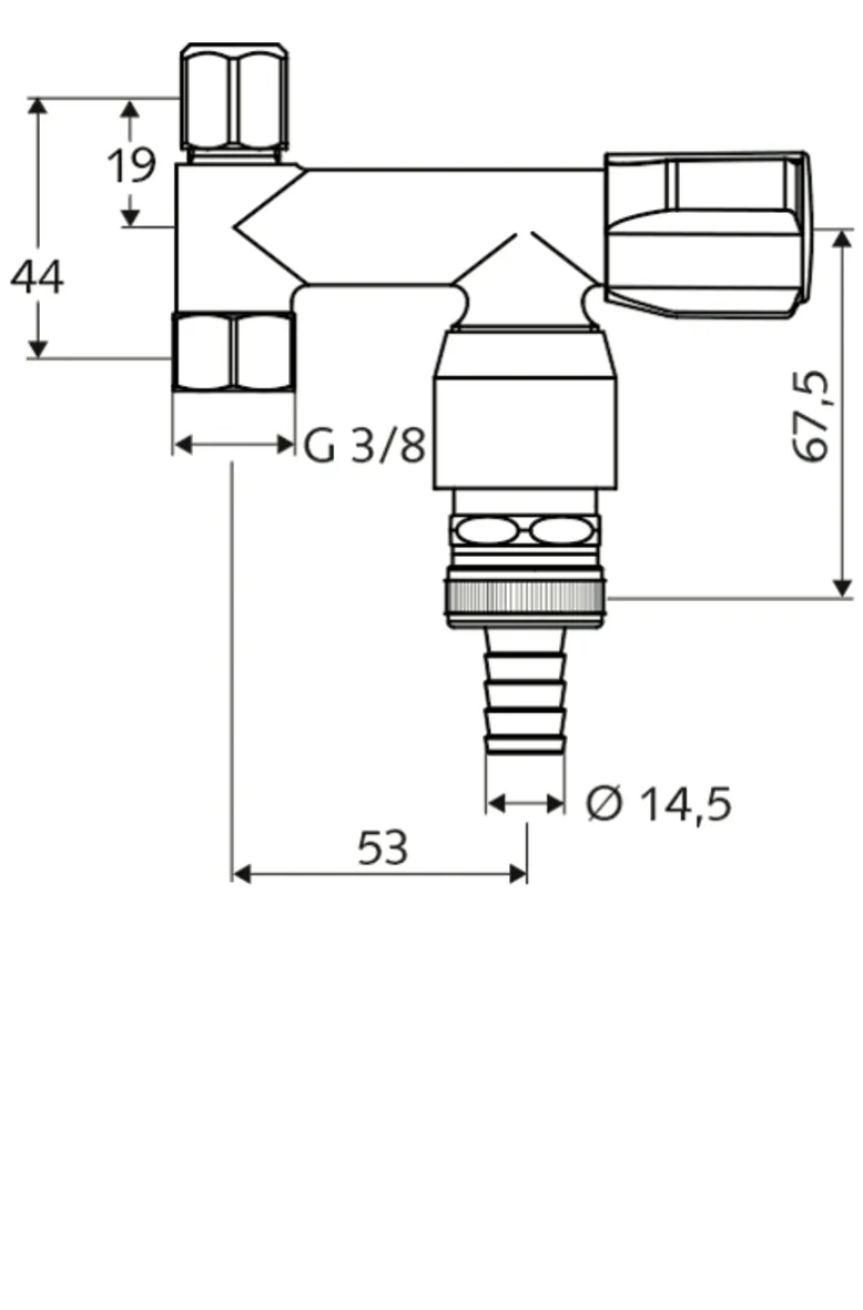 Geräteventil COMFORT, RFV im Abgang Geräteanschluss, RB im Abgang Geräteanschluss, DN 10 G 3/8 IG, Schlauchverschraubung Ø 14,5 mm (DN 20 G 3/4 AG), Ø 10 mm (DN 10 G 3/8 AG), chrom