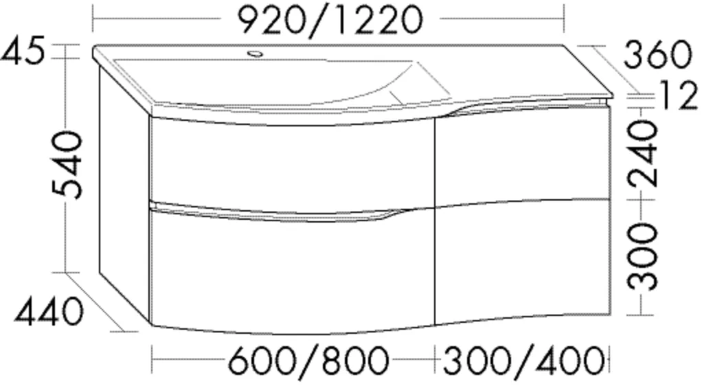 Mineralguss-Waschtisch inkl. Waschtischunterschrank, Mineralguss-Waschtisch;Muldentiefe: 120 mm;Beckenmaß: 710x420 mm;Waschtischunterschrank;1 Schublade oben mit Siphonausschnitt und Inneneinteilung;1 Auszug unten;1 großer Auszug mit Trennnut in der Fron