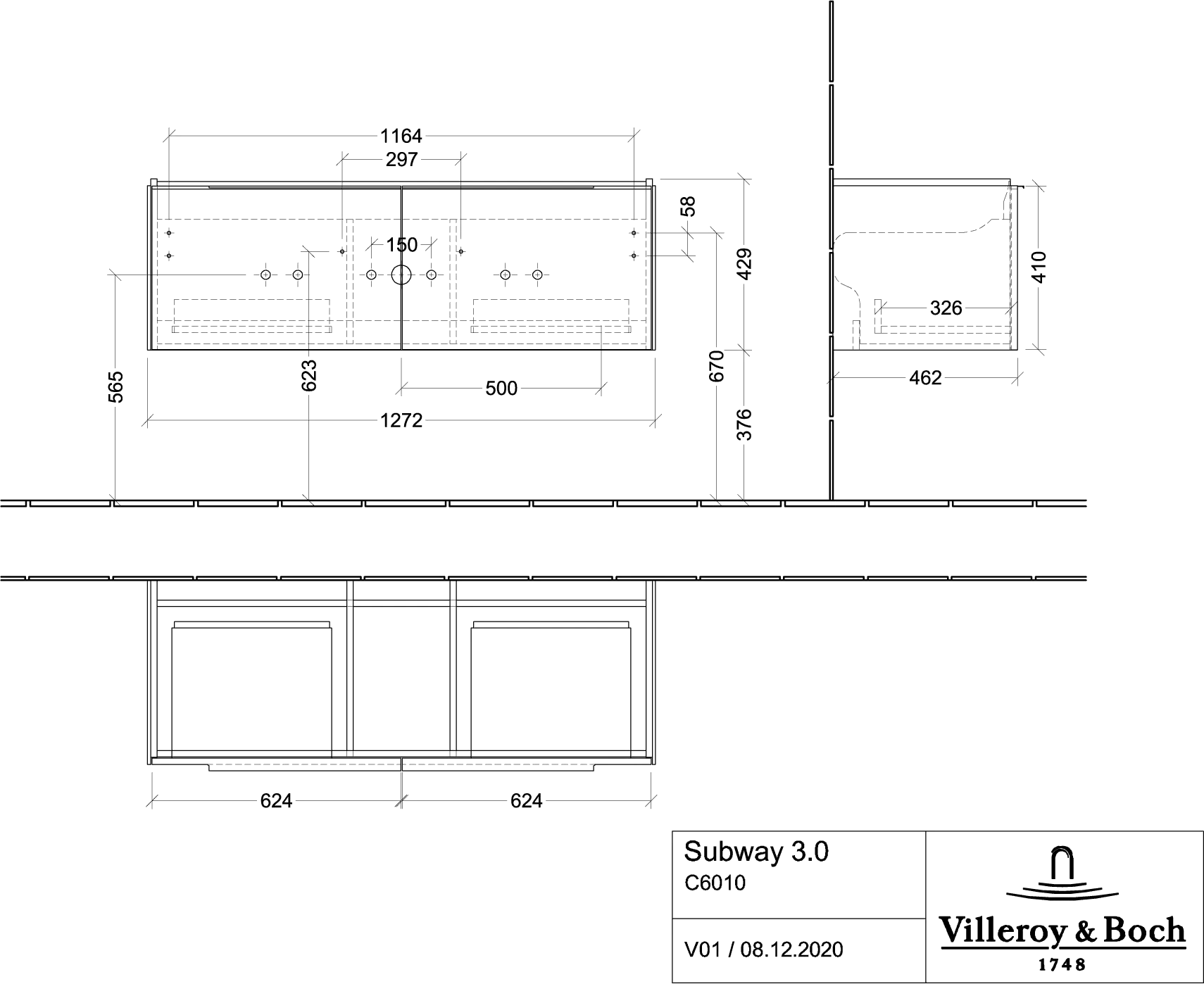 Villeroy & Boch Waschtischunterschrank „Subway 3.0“ für Schrankwaschtisch 1272 × 429 × 478 mm Marine Blue, für Becken mittig