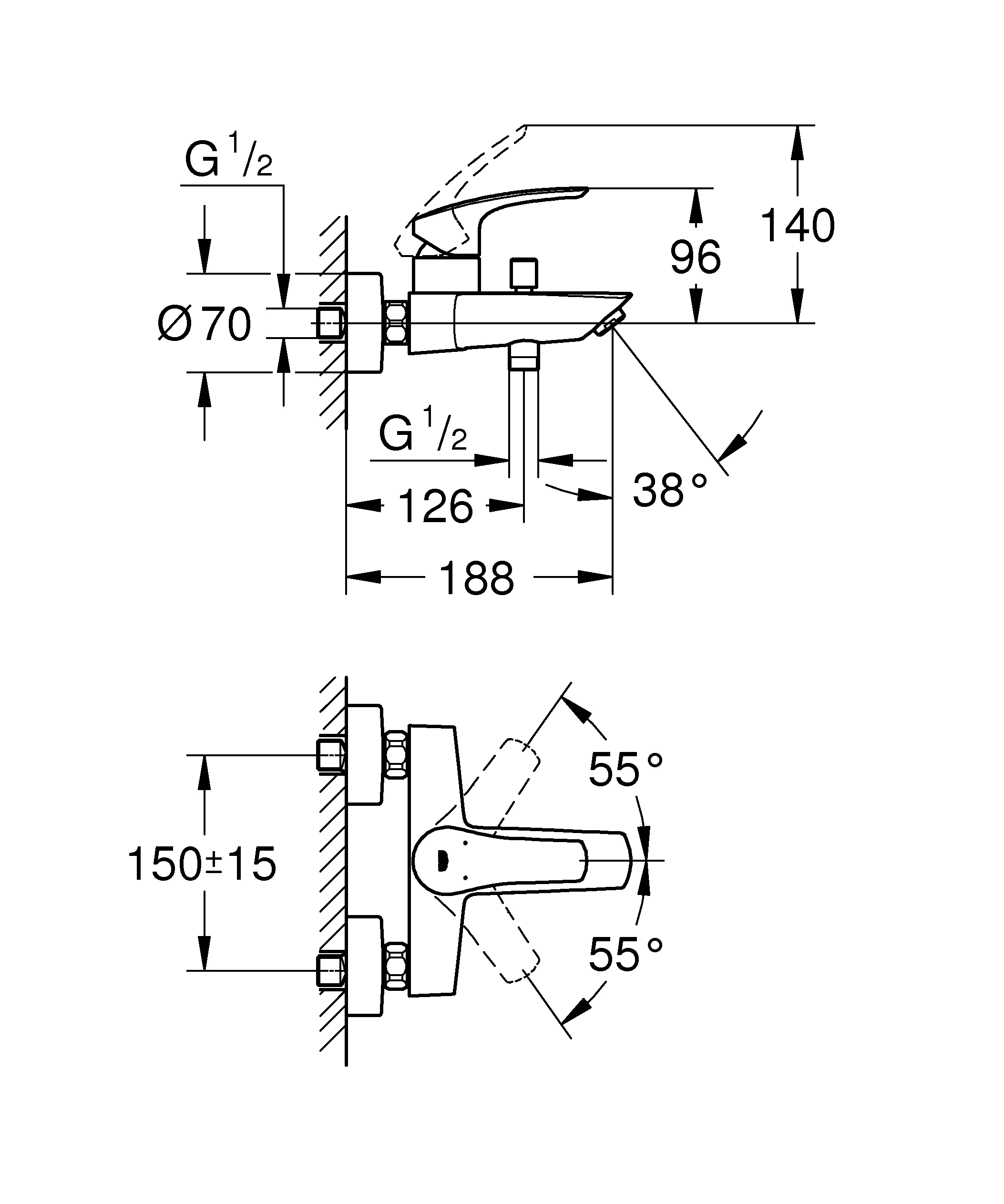 Einhand-Wannenbatterie Eurosmart 33300_3, Wandmontage, Temperaturbegrenzer, S-Anschlüsse, eigensicher, chrom