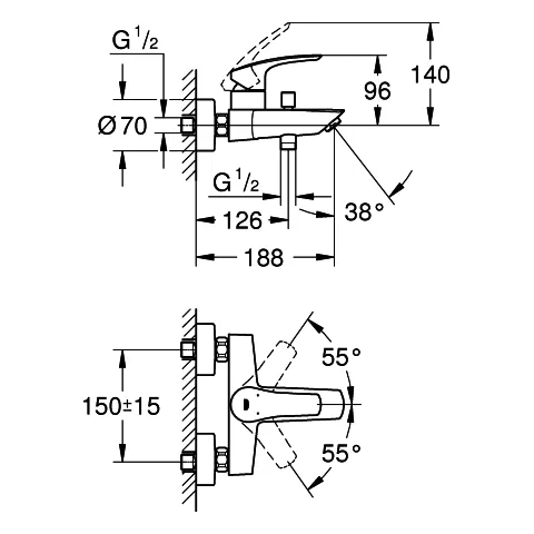 Einhand-Wannenbatterie Eurosmart 33300_3, Wandmontage, Temperaturbegrenzer, S-Anschlüsse, eigensicher, chrom Einhand-Wannenbatterie Eurosmart 33300_3, Wandmontage, Temperaturbegrenzer, S-Anschlüsse, eigensicher, chrom