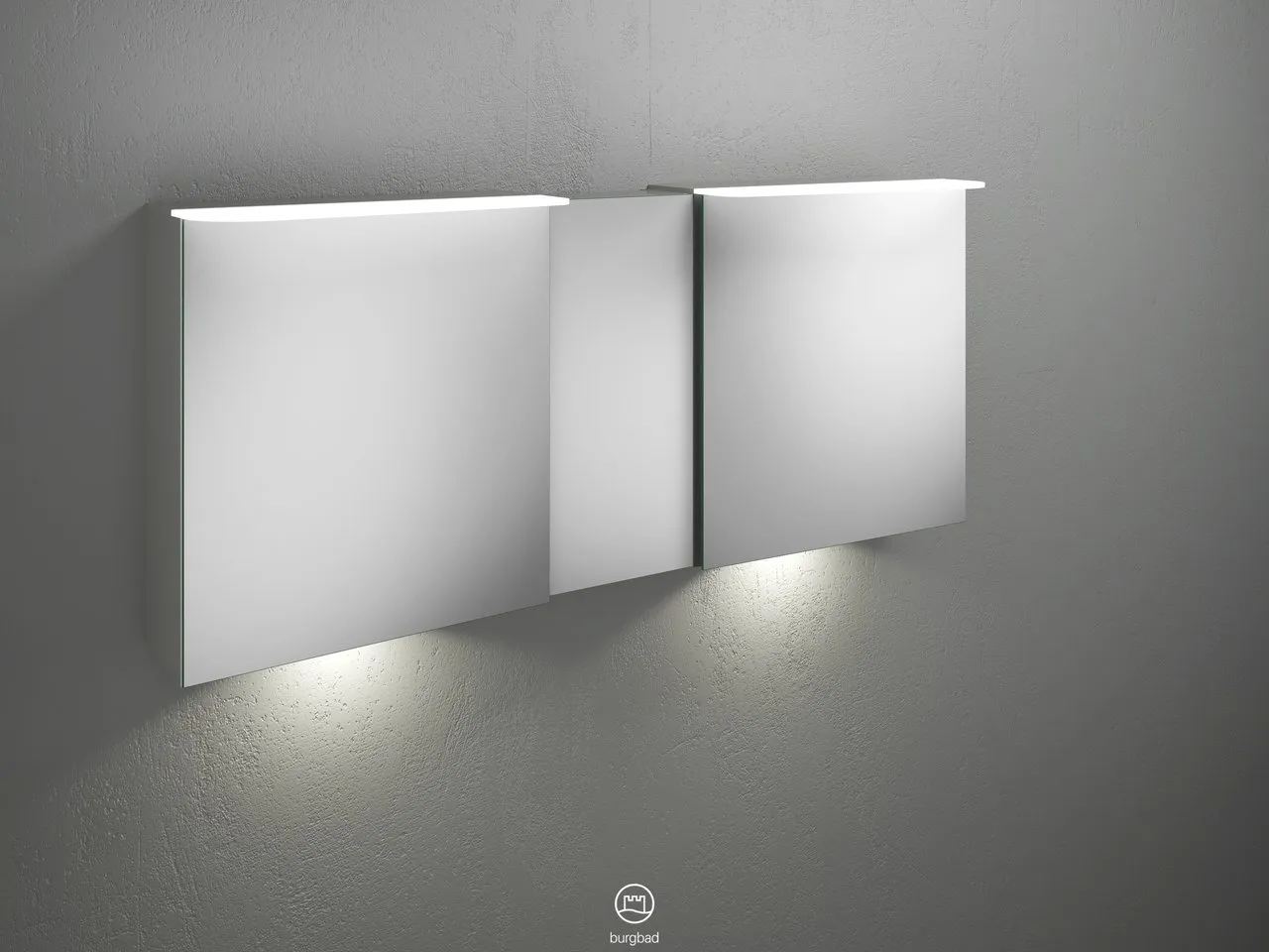 Badu Spiegelschrank SFUF150 von burgbad - 310 mm tief, 1.500 mm breit, 665 mm hoch mit 3 beidseitig verspiegelten Spiegeln und LED-Beleuchtung Badu Spiegelschrank SFUF150 von burgbad - 310 mm tief, 1.500 mm breit, 665 mm hoch mit 3 beidseitig verspiegelten Spiegeln und LED-Beleuchtung