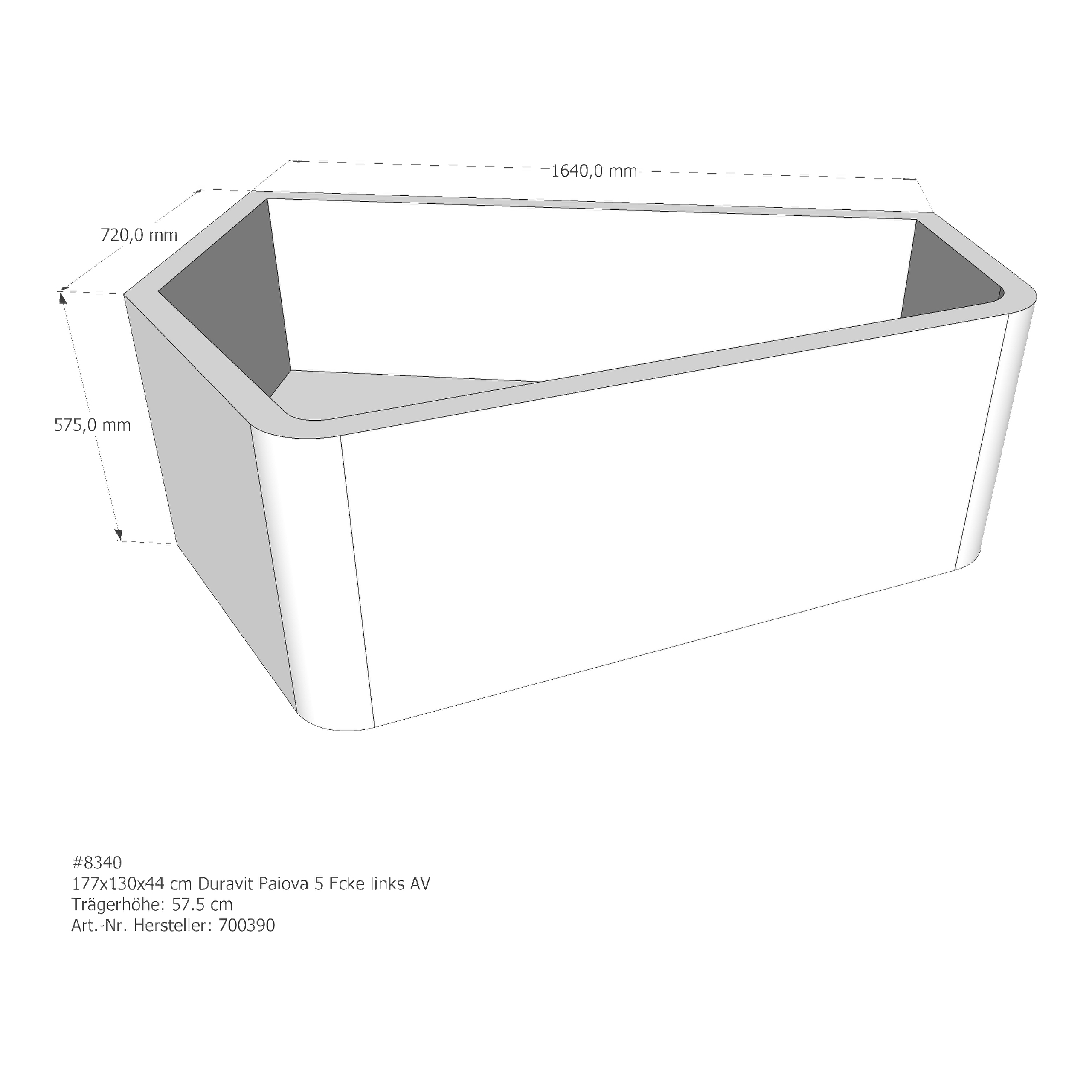 Badewannenträger für Duravit Paiova 5 Ecke links 177 × 130 × 44 cm