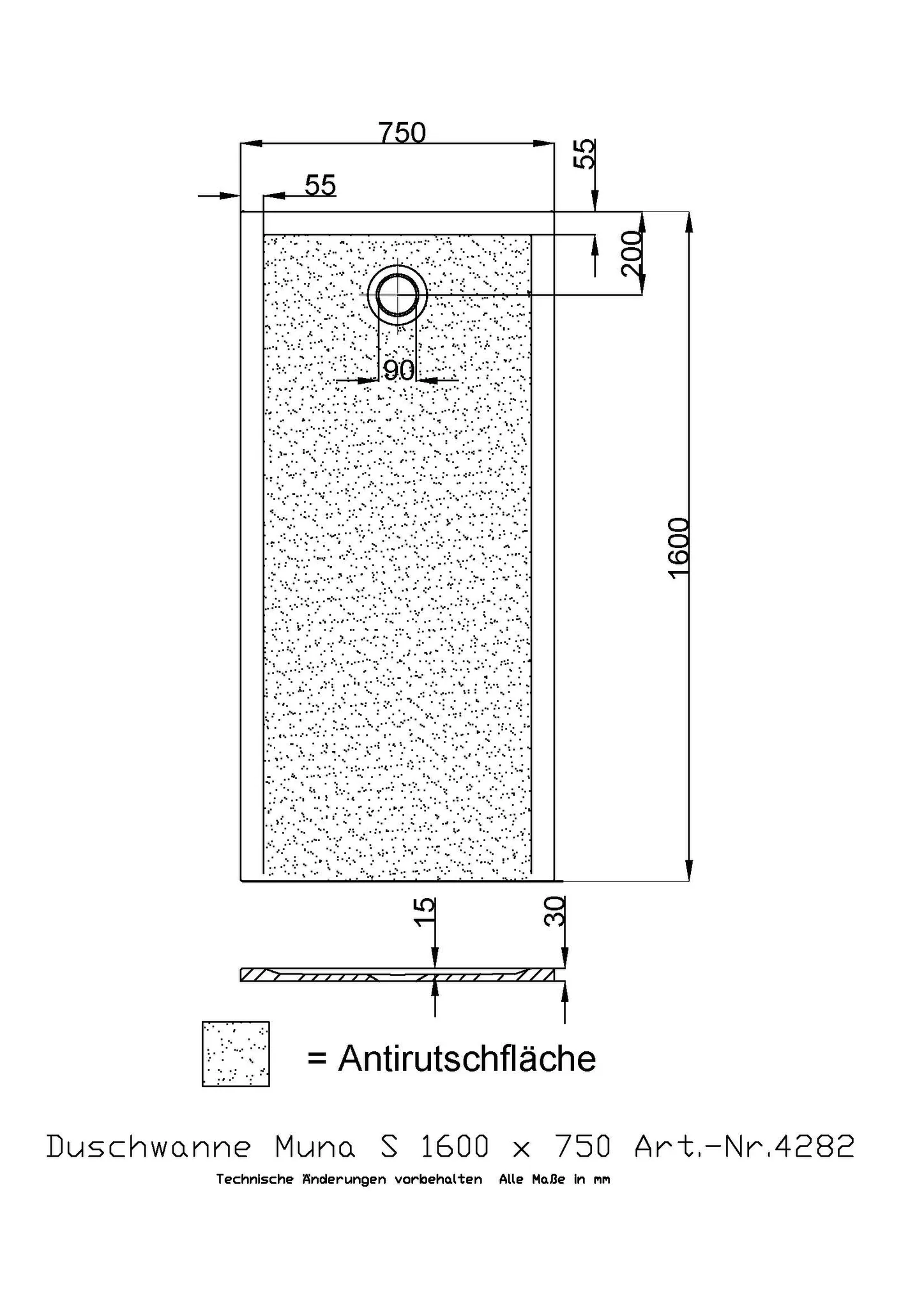 Hoesch Muna S Duschwanne Mineralguss Solique, Steingrau, 1600x750x30mm Hoesch Muna S Duschwanne Mineralguss Solique, Steingrau, 1600x750x30mm