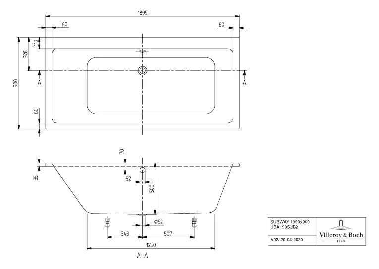 Villeroy & Boch Whirlwanne „Subway“ mit Whirlsystem „Combipool Entry“ rechteck 190 × 90 cm