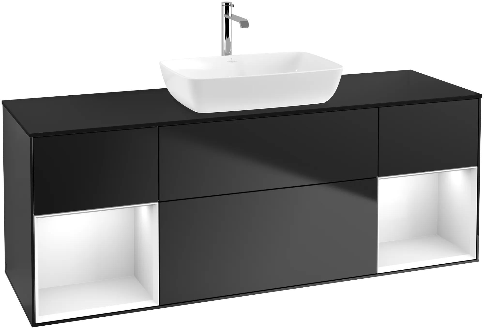 Villeroy & Boch Waschbeckenunterschrank Finion G86, 1600x603x501mm, Black Matt Lacquer / Glossy White Lacquer / Glass Black Matt