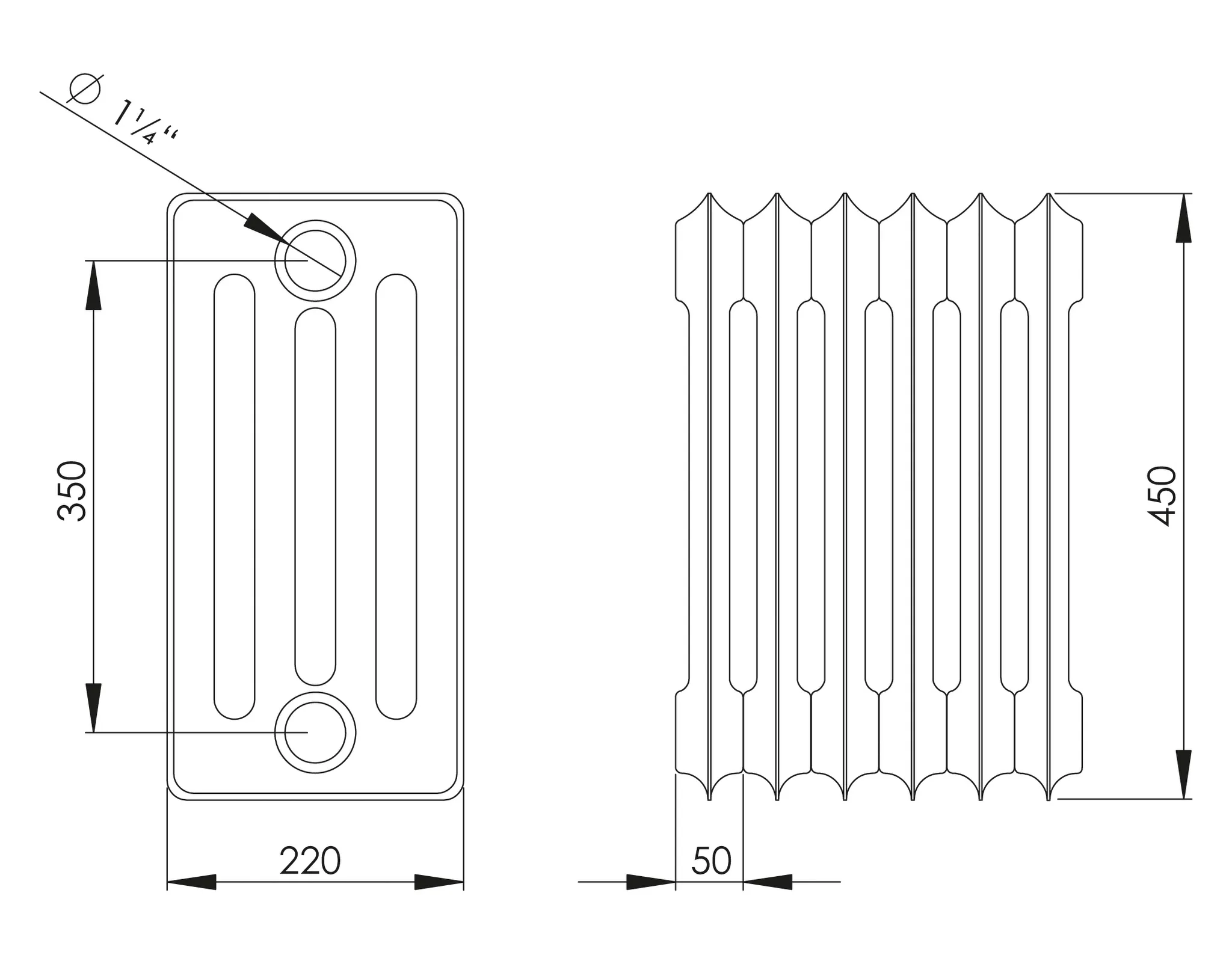 ASW Stahlradiator pulverbeschichtet 3 Glieder Nabenabstand 350 mm „HG-TEC“ 45 × 22 cm