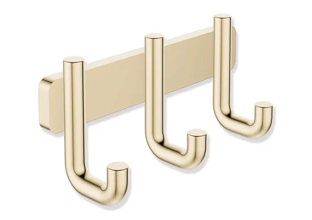 Hakenleiste, Edelstahl, PVD beschichtet, 145 mm breit, 70 mm hoch, 47 mm tief, Durchmesser 11 mm, in Farbe CK (Messing glänzend) Hakenleiste, Edelstahl, PVD beschichtet, 145 mm breit, 70 mm hoch, 47 mm tief, Durchmesser 11 mm, in Farbe CK (Messing glänzend)