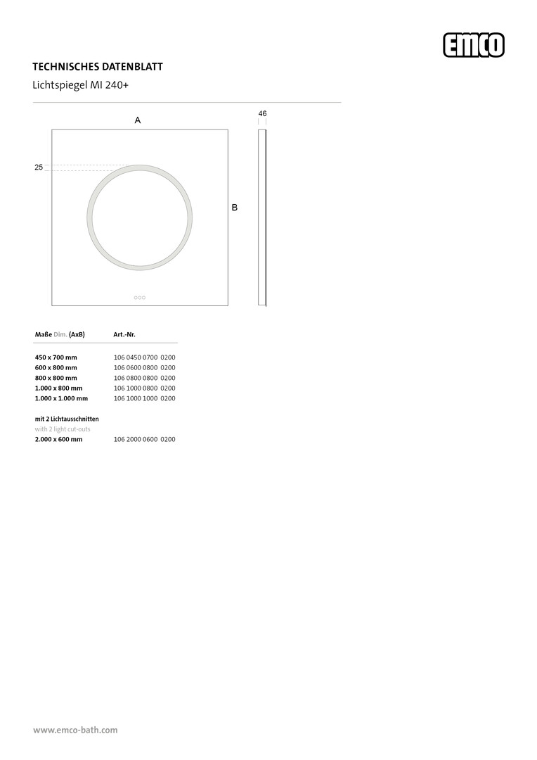 emco Lichtspiegel mit Touch-Bedienfeld „MI 240+“ 45 × 70 cm