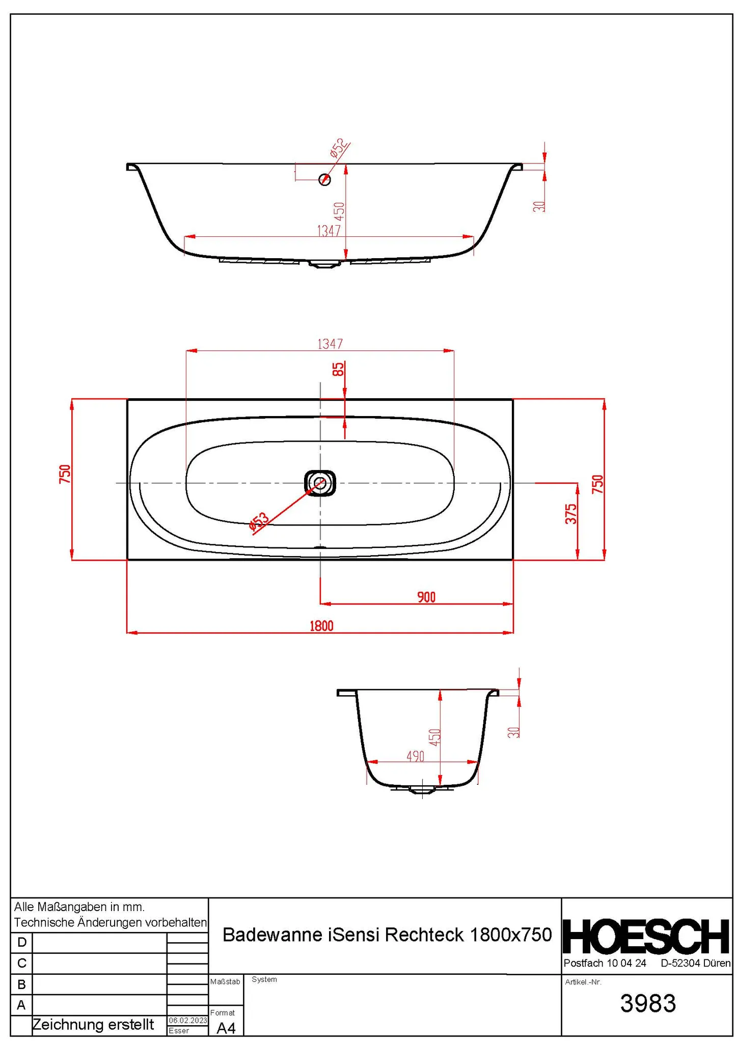 Hoesch Badewanne „iSensi“ rechteck 1800 × 750 mm in Weiß Hoesch Badewanne „iSensi“ rechteck 1800 × 750 mm in Weiß