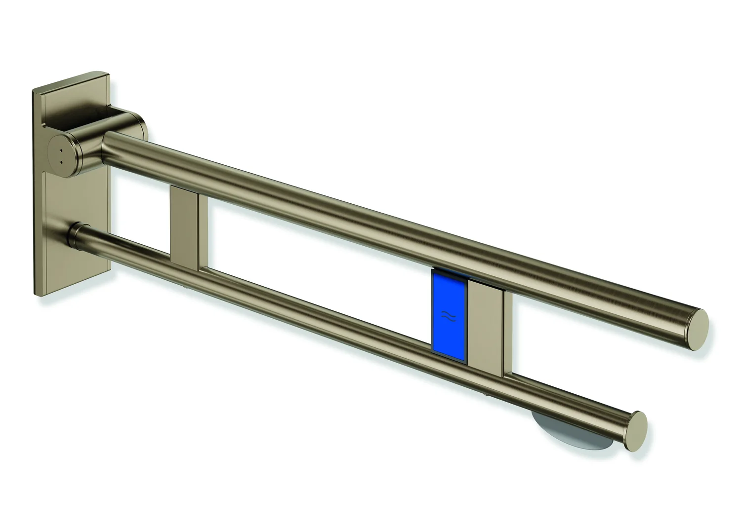 HEWI Stützklappgriff Duo System 900, Design A, Edelstahl PVD bronze gebürstet, Ausladung 750 mm, mit WC-Papierhalter und Funk-Spülauslösung, links