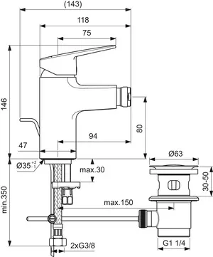 Bidetarmatur Ceraplan mit Ablaufgarnitur Ausladung 94mm Chrom Bidetarmatur Ceraplan mit Ablaufgarnitur Ausladung 94mm Chrom