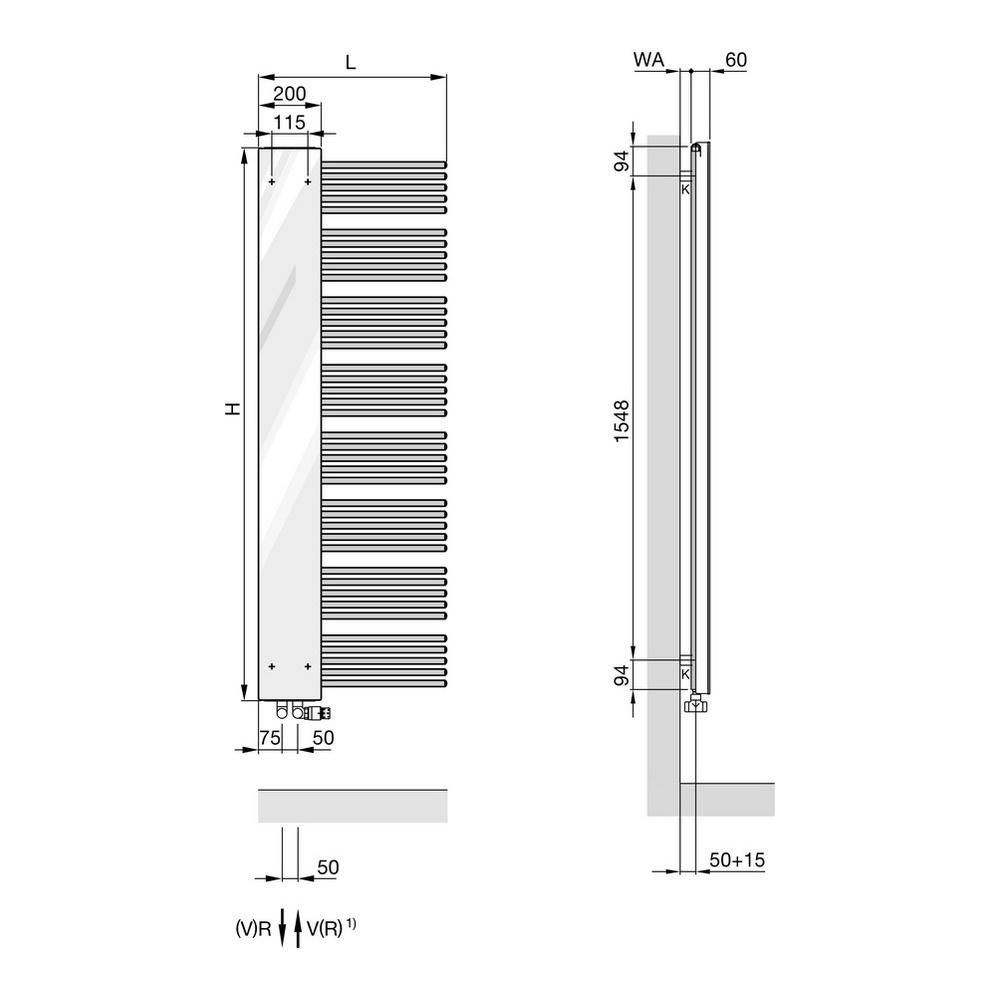 Zehnder Design-Heizkörper „Yucca Mirror“ für Warmwasser-Zentralheizung oder gemischten Betrieb mit 50 mm-Seitenanschluss 60 × 176,6 cm in Verkehrsweiß (RAL 9016, glänzend)