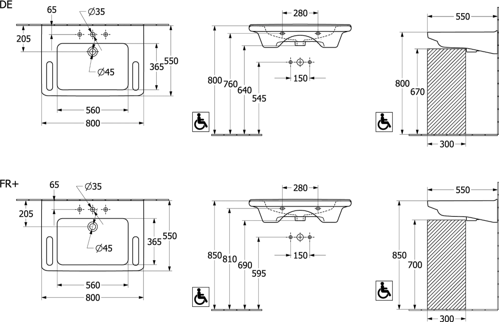 Villeroy & Boch Wandwaschtisch „ViCare“ 800 × 550 × 180 mm, ohne Hahnlochbohrung in Weiß Alpin