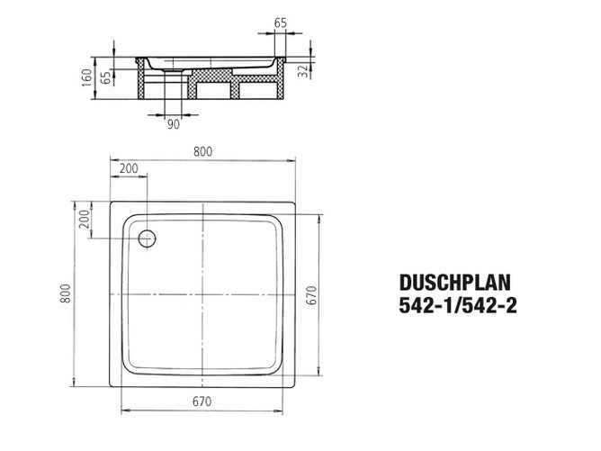 Set-Duschwanne Duschplan 80 × 80 cm mit KA90-Ablauf und Füßen