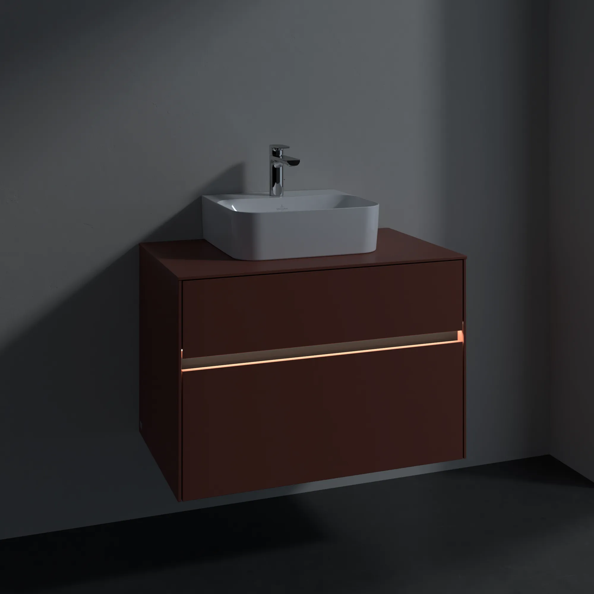 Villeroy & Boch Waschtischunterschrank „Collaro“ 800 × 548 × 500 mm Wine Red, mit Beleuchtung, für Becken mittig Villeroy & Boch Waschtischunterschrank „Collaro“ 800 × 548 × 500 mm Wine Red, mit Beleuchtung, für Becken mittig