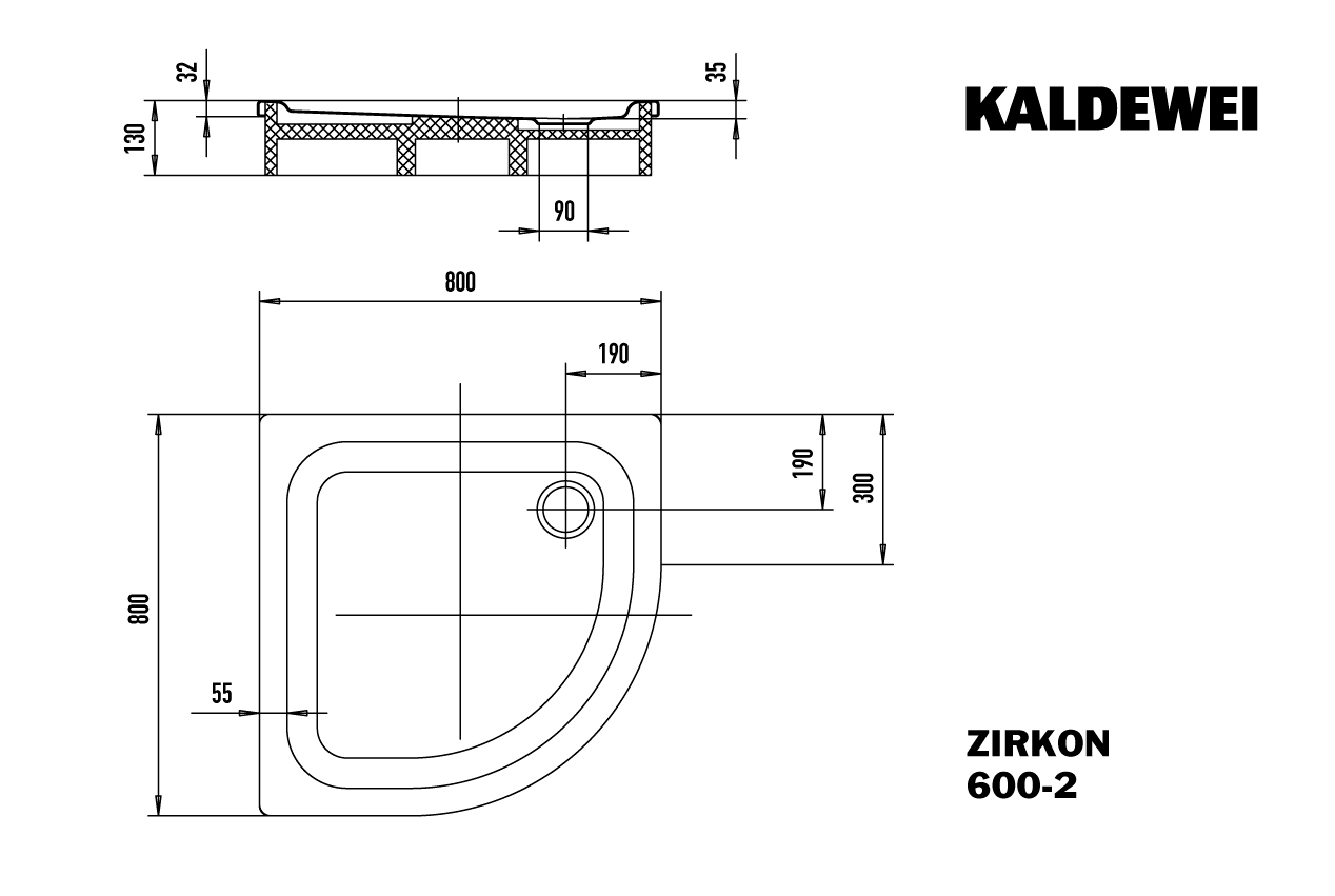 Kaldewei viertelkreis Duschwanne „Zirkon“ 80 × 80 cm in warm grey 90