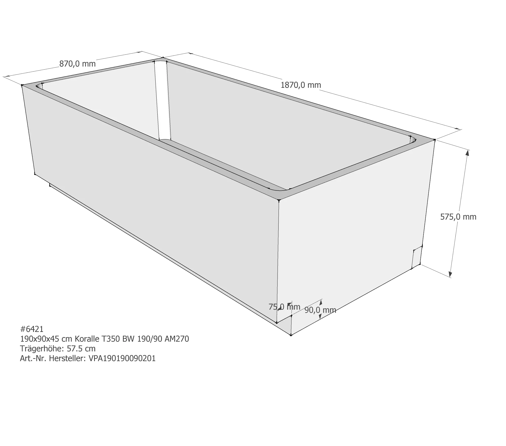 Badewannenträger passend für Koralle T350 BW 190/90 190 × 90 × 45 cm