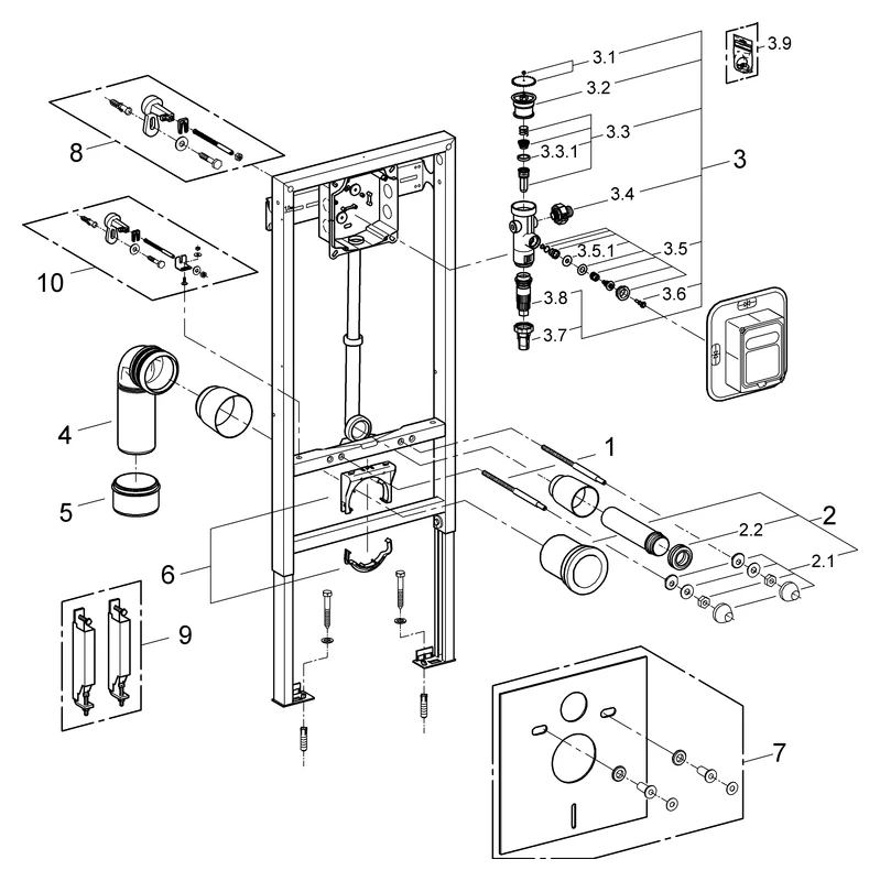 Wand-WC-Element Rapid SL 38519_1, 1,13 m Bauhöhe, mit WC-Druckspüler 6-9l, für Vorwand- oder Ständerwandmontage