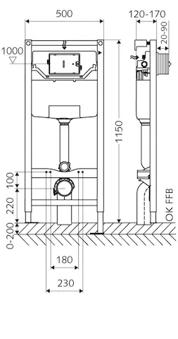 WC-Modul MONTUS, Typ C 120, mit Wandhalterungs-Set MONTUS (120 - 170 mm), WC-Schallschutz-Matte, PE-Ablaufbogen Ø 90 / 90 mm, B 50 cm x H 115 cm, Rahmen pulverbeschichtet