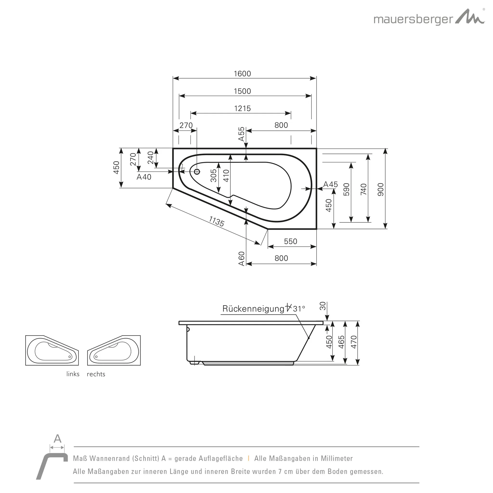 Mauersberger stricta Acryl-Badewanne stricta 160/90 links, 1600x900x470, weiß