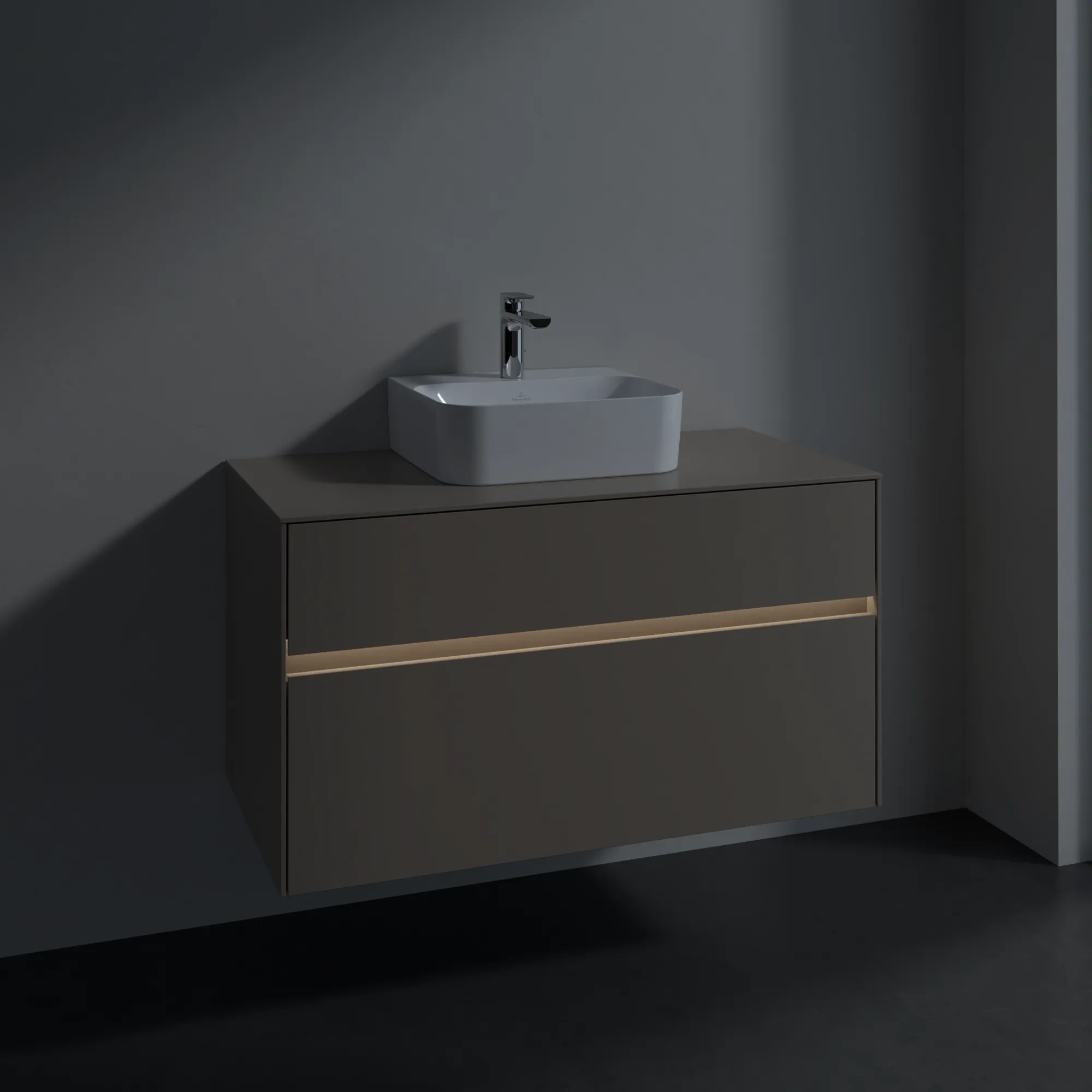 Villeroy & Boch Waschtischunterschrank „Collaro“ 1000 × 548 × 500 mm Taupe, mit Beleuchtung, für Becken mittig Villeroy & Boch Waschtischunterschrank „Collaro“ 1000 × 548 × 500 mm Taupe, mit Beleuchtung, für Becken mittig