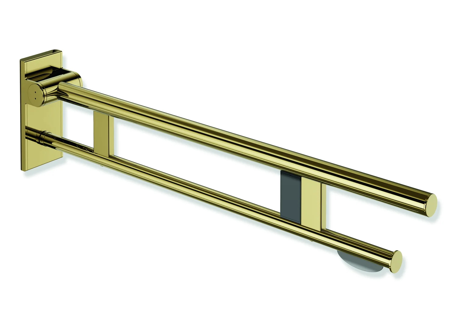HEWI System 900 - Mobiler Stützklappgriff Duo, rechts, PVD Gold glänzend, Ausladung 850 mm, mit WC-Papierhalter und Funk-Spülauslösung HEWI System 900 - Mobiler Stützklappgriff Duo, rechts, PVD Gold glänzend, Ausladung 850 mm, mit WC-Papierhalter und Funk-Spülauslösung