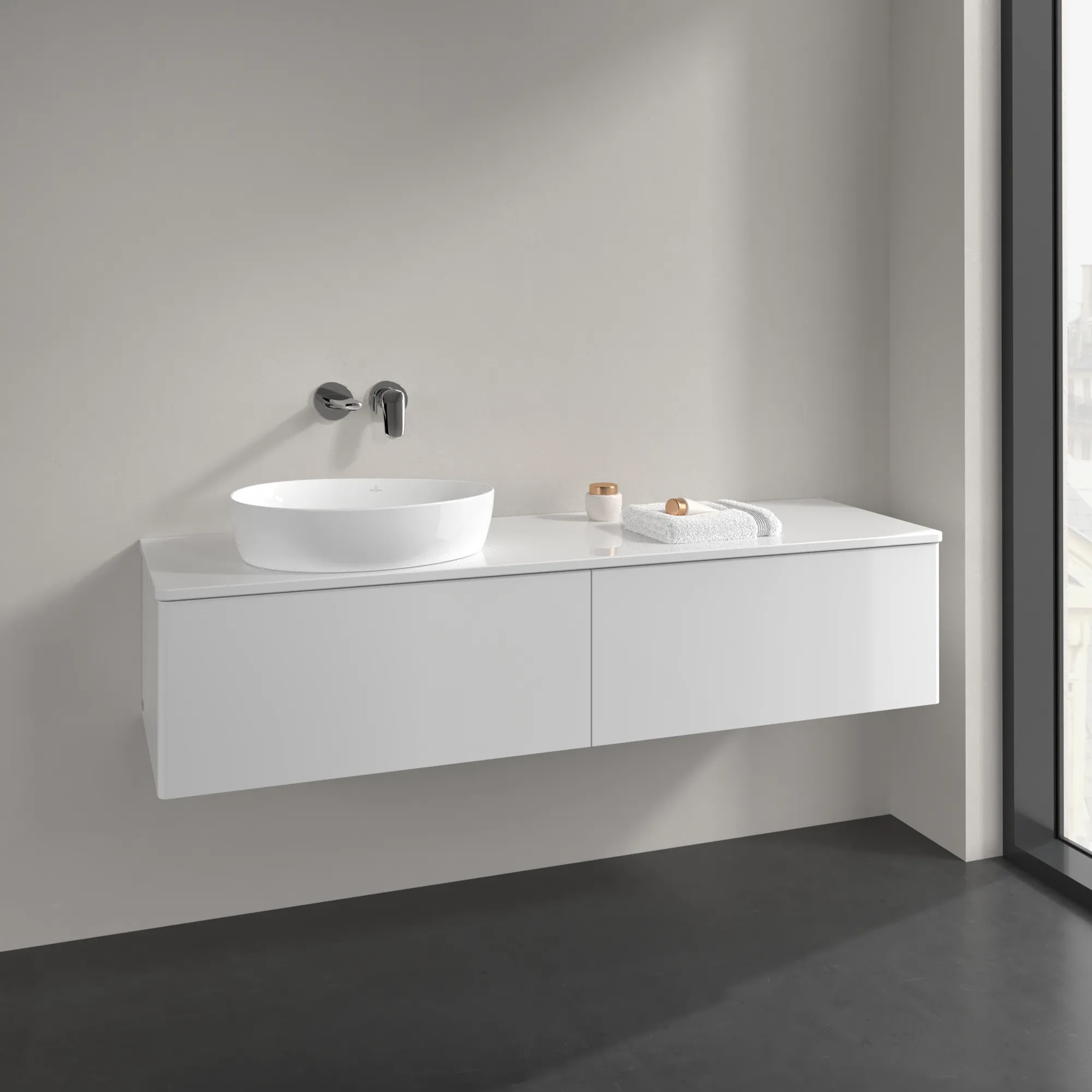 Villeroy & Boch Waschtischunterschrank „Antao“ 1600 × 360 × 500 mm Glossy White Lacquer, für Becken links, mit Beleuchtung Villeroy & Boch Waschtischunterschrank „Antao“ 1600 × 360 × 500 mm Glossy White Lacquer, für Becken links, mit Beleuchtung