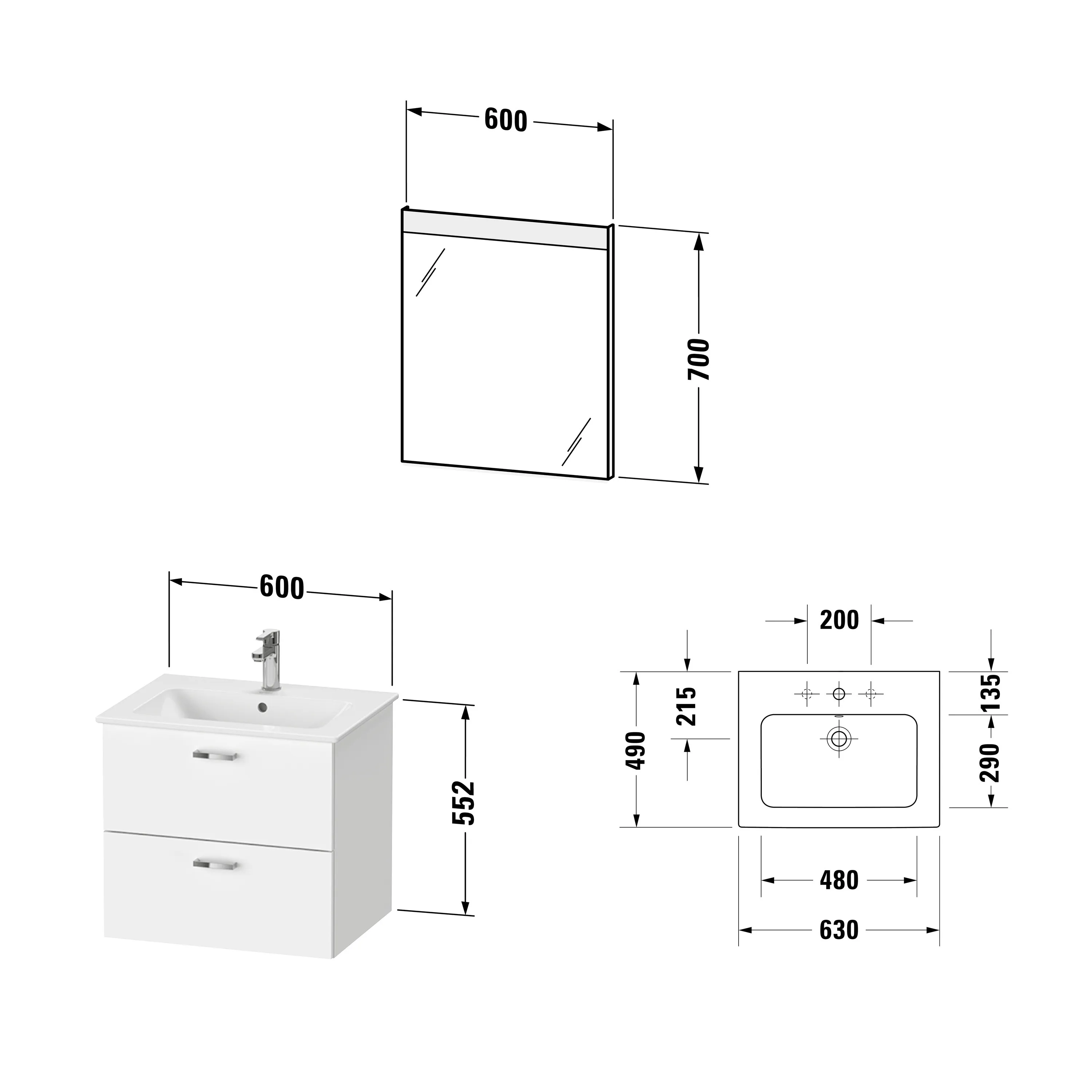 Duravit Waschtischunterschrank mit Waschtischunterbau und Spiegel „XBase“ 63 × 200 × 49 cm in Weiß Glänzend