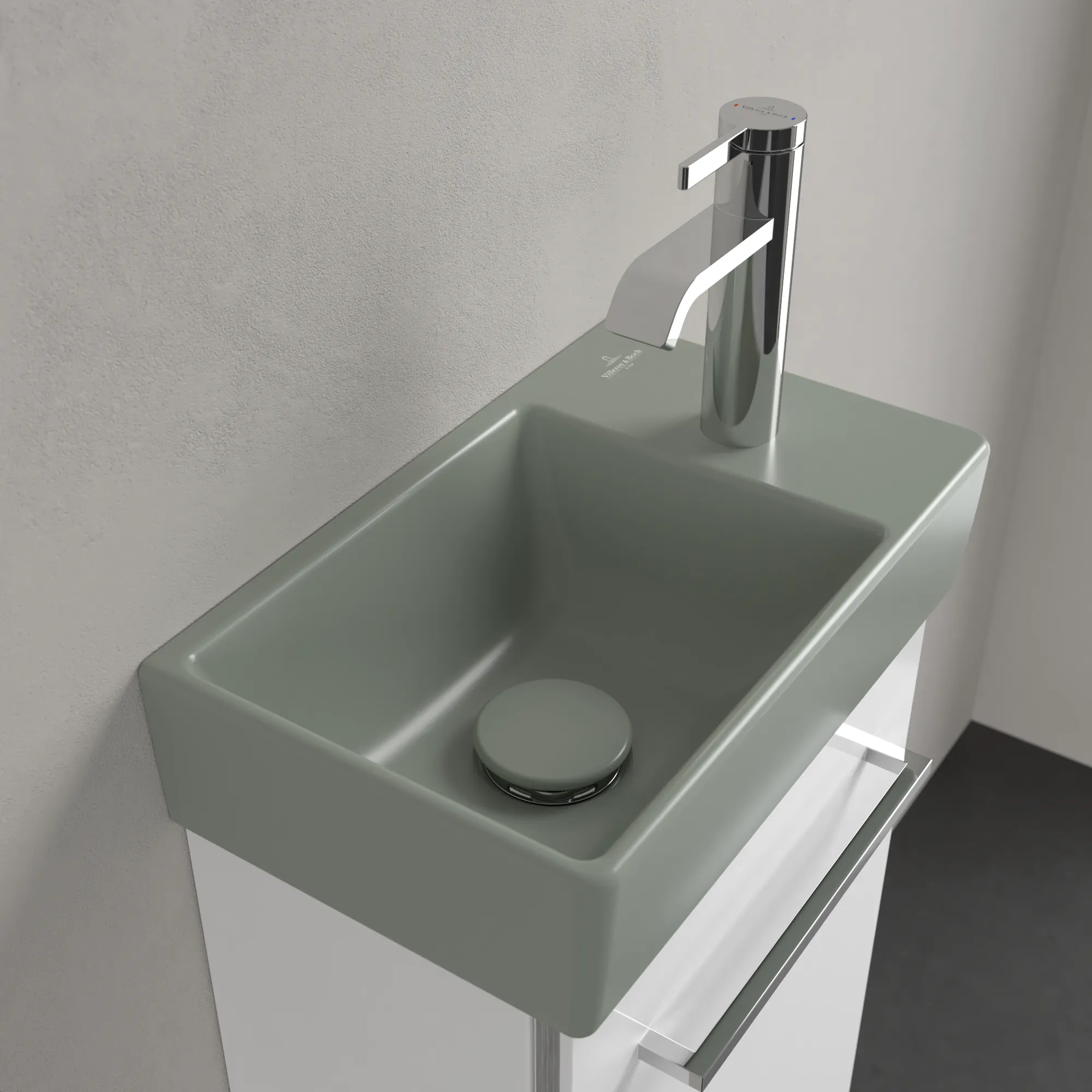 Villeroy & Boch Handwaschbecken „Avento“ 360 × 220 × 110 mm, für Becken links, mit Hahnlochbohrung, Hahnlochposition mittig in Morning Green Villeroy & Boch Handwaschbecken „Avento“ 360 × 220 × 110 mm, für Becken links, mit Hahnlochbohrung, Hahnlochposition mittig in Morning Green