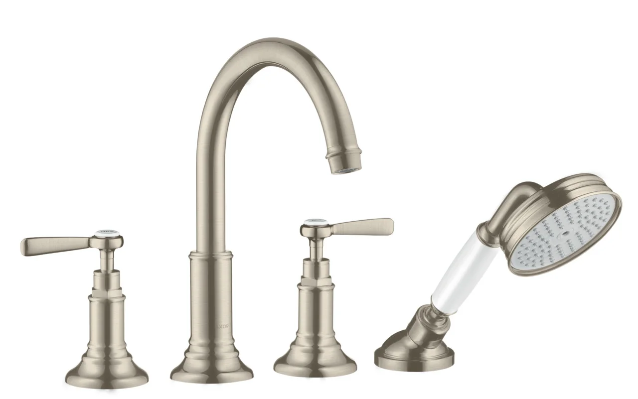 Hansgrohe AXOR Montreux 4-Loch Wannenrandarmatur mit Hebelgriffen, Brushed Nickel, Ausladung 196 mm