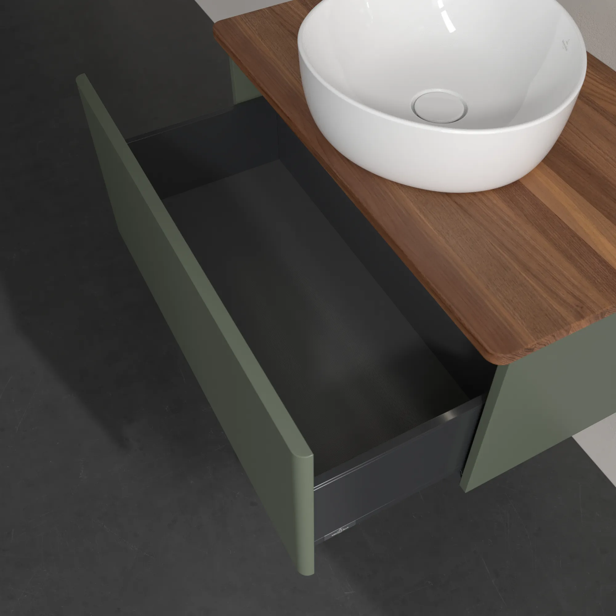 Villeroy & Boch Waschtischunterschrank „Antao“ 800 × 360 × 500 mm Leaf Green Matt Lacquer, für Becken mittig, mit Beleuchtung Villeroy & Boch Waschtischunterschrank „Antao“ 800 × 360 × 500 mm Leaf Green Matt Lacquer, für Becken mittig, mit Beleuchtung